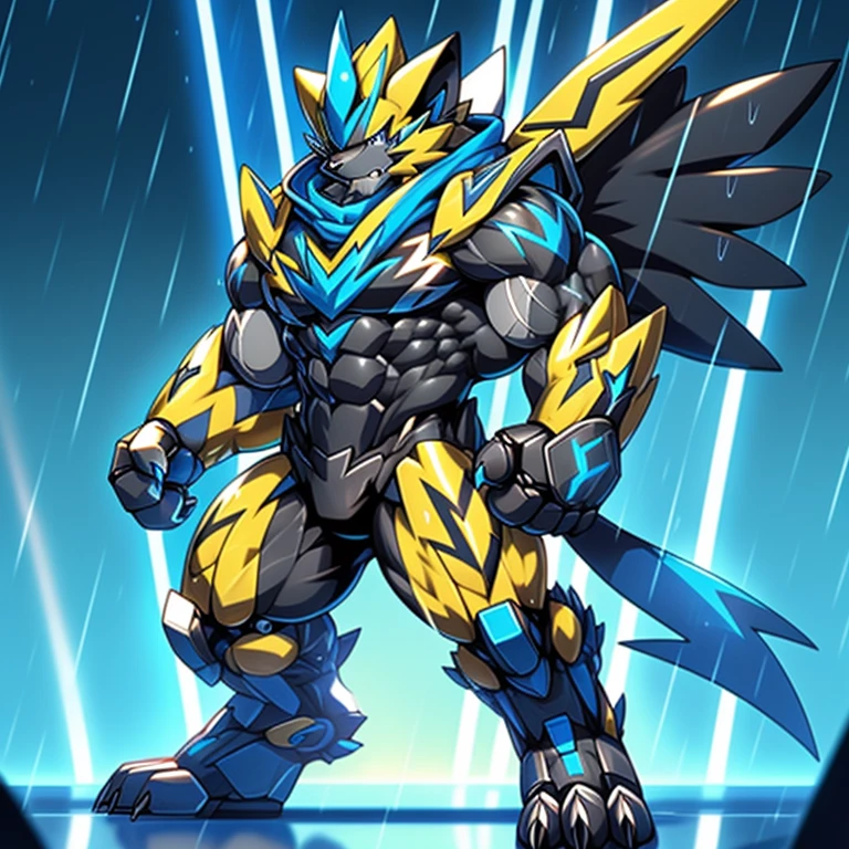(masterpiece, best quality, detailed:1.2)
(Pokémon)
detailed full body,
Zeraora's giant robot.
Gigantic ZERAORA,
GIANT.
Protecting Zeraora's design and color scheme. scarf, A Zeraora at the bodybuilding competition, thunderstorm, rainy weather, lightning
wears a black cloak on his back.
It has wings.
whole body shines like metal.
Wearing cyberpunk mecha, emphasizes the muscles.
He wears the same armor as himself from head to foot. (emphasizes the muscles.)
suit fully made of metal,
intricate armor, Robotic suit, suit fully made of metal, cyborg,

big muscle.
pecs, triceps,
body full of huge muscles.
unusually developed muscular body,
A Zeraora at the bodybuilding competition,
massive,
huge muscular bodybuilder with extraordinary biceps, pecs, triceps, traps, gigachad, 300 lbs.

The claws are sharp, Sharp teeth,
with huge golden laser sword, It's big inside my panties
