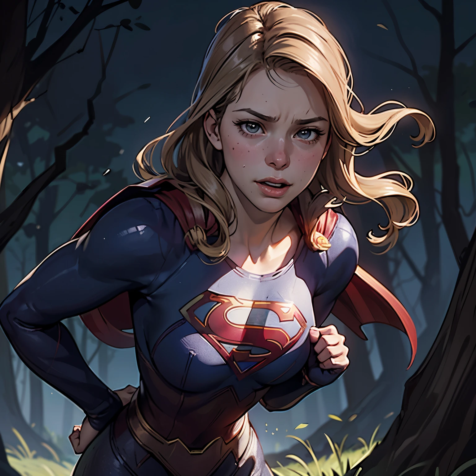 ((highest quality)), ((masterpiece)), (be familiar with), (High definition), (Realistic), (Realistic), (Best Shadow), Low contrast, (Complex:1.4), Side lighting, 8K, ((melissa Benoist)), ((SUPER GIRL)), Perfect Face、Detailed、(Accurate hand and finger depiction)、supergirl women、Blonde、Voluptuous body、(Large Breasts)、Narrow waist、(Big Ass)、Alluring、glamorous、((Putting a hand to your mouth))、(Shame:1.2)、(Embarrassed expression:1.3)、Flushing、sweating、On the grass、in the deep forest、blue sky、(Close-up of face:1.4)