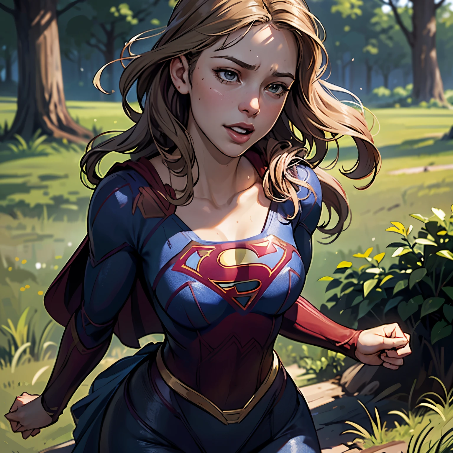 ((highest quality)), ((masterpiece)), (be familiar with), (High definition), (Realistic), (Realistic), (Best Shadow), Low contrast, (Complex:1.4), Side lighting, 8K, ((melissa Benoist)), ((SUPER GIRL)), Perfect Face、Detailed、(Accurate hand and finger depiction)、supergirl women、Blonde、Voluptuous body、(Large Breasts)、Narrow waist、(Big Ass)、Alluring、glamorous、((Putting a hand to your mouth))、(Shame:1.2)、(Embarrassed expression:1.3)、Flushing、sweating、On the grass、in the deep forest、blue sky、(Close-up of face:1.4)