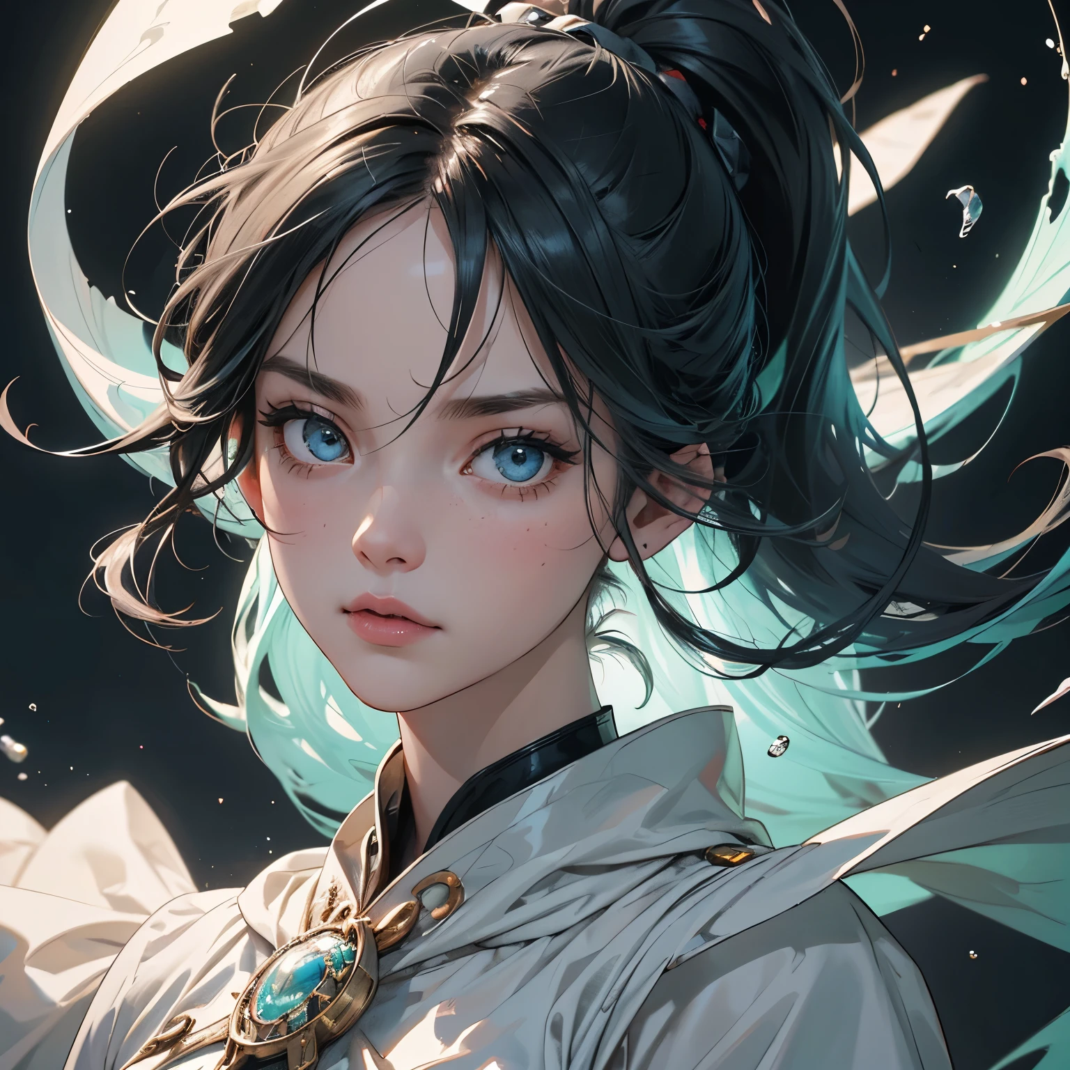 portrait,close up woman,（best qualtiy，tmasterpiece），1girl，nice poses，Particle，ventania，florals, simplebackground，milky ways，White-colored skin，Fairy style，black color hair，The upper part of the body，white clothes，Back sword
GravityPulseMaster wields the formidable power of Gravity Pulse. With a commanding posture, they extend their hand, sending out gravitational pulses that ripple through the environment, manipulating the movement and forces of nearby objects. Their mask carries a determined and focused expression, revealing the depths of their control over gravity. GravityPulseMaster is a captivating presence, commanding the forces that bind the universe, and they invite viewers to witness the awesome power of gravity's sway.(masterpiece), (best quality), (ultra detailed),(disheveled hair),(illustration), (1girl), (Fashionable clothing), standing, Fashion model, looking at viewer, (interview), (simple background),beautiful detailed eyes, delicate beautiful face, Floating,(high saturation),(colorful splashes),colorful bubble,(shining), focus on face,  ponytail, kamisato ayaka, light blue hair, bangs, hair ring, floating flowers, floating hairs, (shining), best lighting, best shadow,  