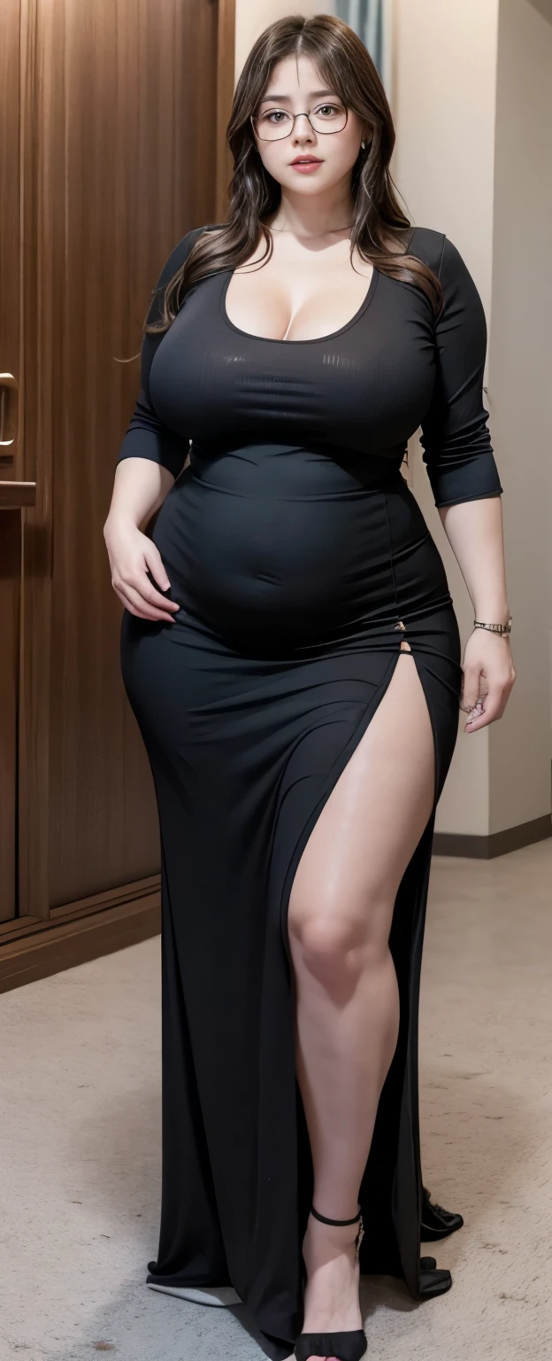 Chubby woman with fat belly and tight thighs, full body, 50-year-old mature woman, thick hips, thick neck, thick chest, big eyes, wearing a longest dress , glasses