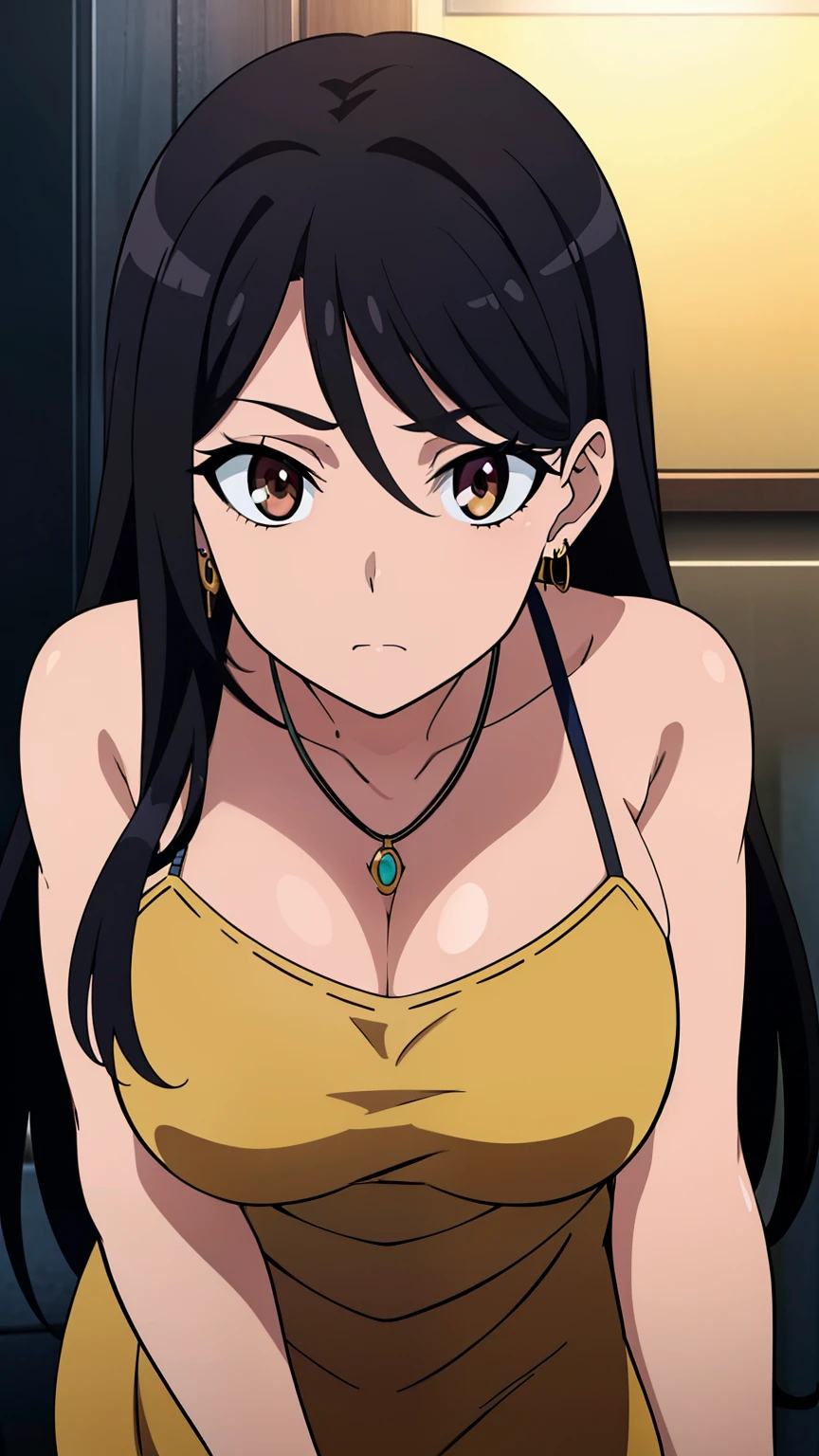 highest quality, 8K resolution, anime screen capture, anime color, anime key visual, one girl, cute, long black hair, 18 years old, big breasts, (clavicle, necklace, earrings, yellow dress, ruffles, earrings, makeup, hole:1.2), perfect anatomy, beautifully intricate face, intricately detailed eyes, beautiful fine hair, beautifully intricate body, beautiful contour, vivid colors, vibrant lighting