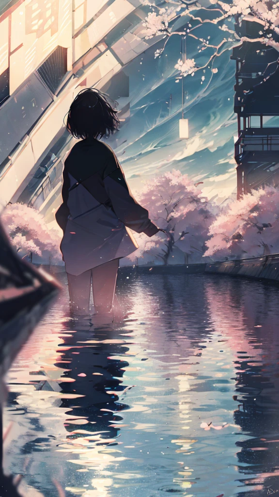 Product illustration for boy in the Wind,cherry blossoms,In water,water,black hair,white skin,Pale complexion,Light skin tone,face forward,Are standing,Walking along the cherry blossom trees