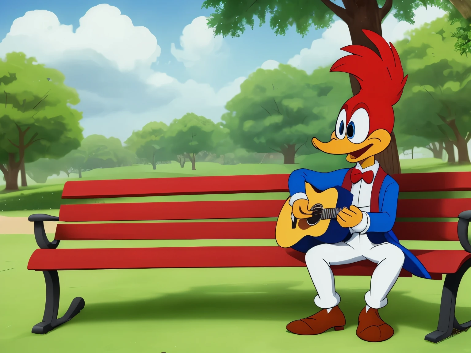 woody woodpecker wearing white tuxedo and white panama hat, playing guittar, sitting on a park bench in São Paulo, 60's cartoon style, digital art, 8k