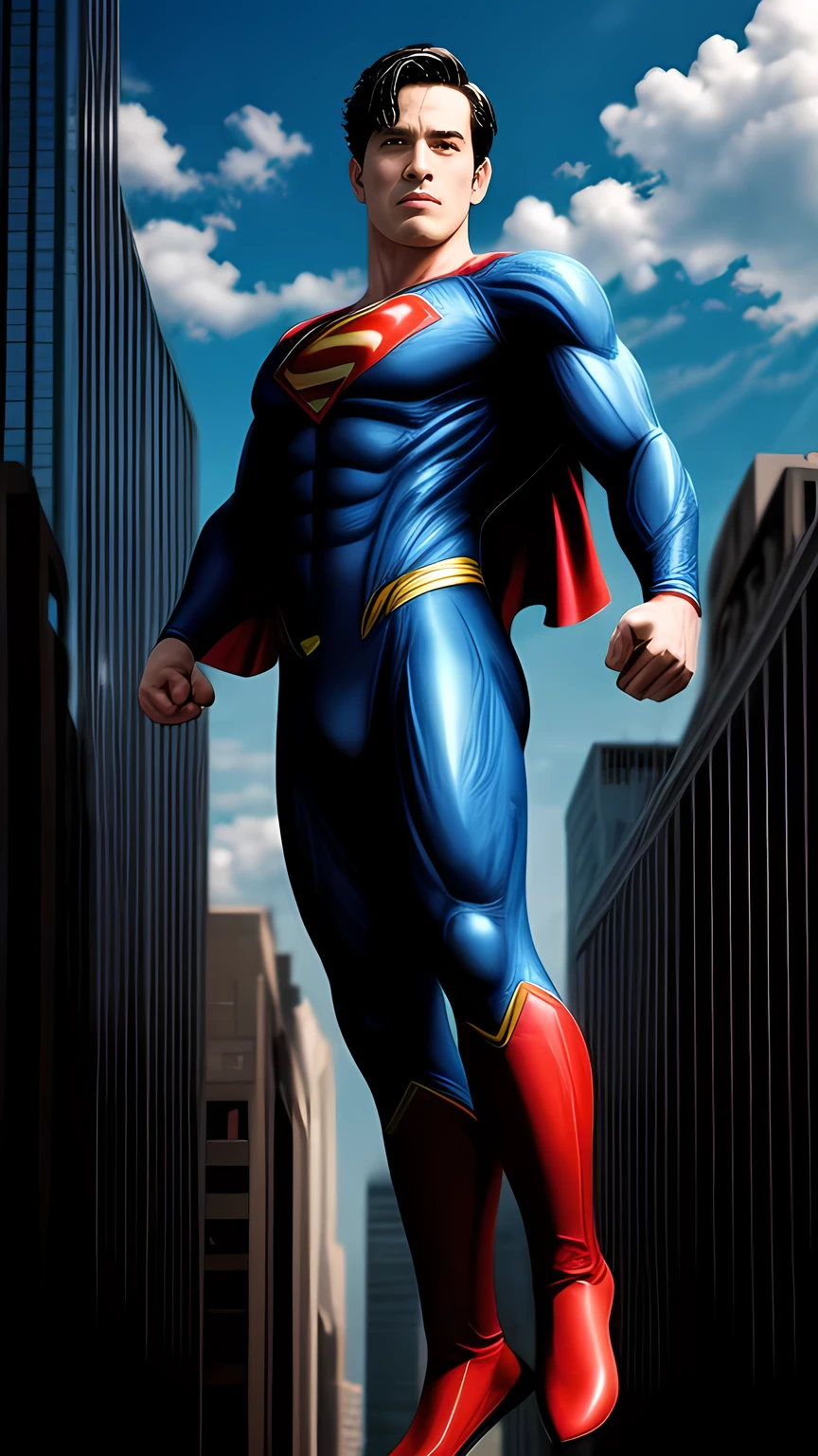 floating superman above buildings, full body shot, detailed foot, detailed head