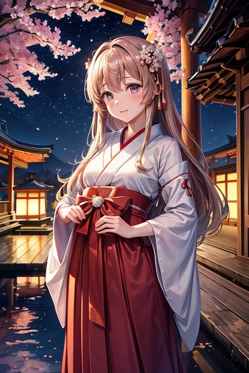 Under a starry sky and rows of cherry blossom trees illuminated by soft moonlight, a captivating shrine maiden dance is performed

in animation. The charming and hopeful protagonist, with long light brown hair, bright brown eyes, and a shrine maiden costume, is captivated by the dancing cherry blossom petals. The shrine maiden's costume is a simple red kimono and a simple blue-purple hakama. This is a masterpiece that perfectly combines the elements of cuteness and beauty. In the background, Japanese shrines are reflected in the low sky, and the panoramic composition illuminated by the magical moonlight invites the viewer into a fascinating world from a side perspective. , photos, anime, photo, illustration


