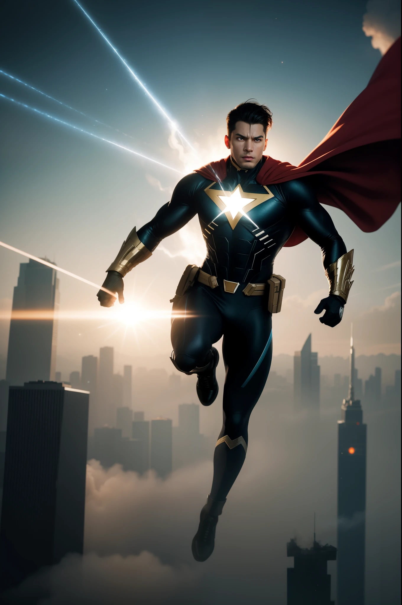 (a powerful superhero, levitating in mid-air, soaring through the sky), photorealistic, vibrant colors, detailed costume, muscular physique, flowing cape, intense gaze, surreal lighting, dynamic pose, epic composition, Marvel-style, surreal landscape, cityscape in the background, futuristic skyscrapers, atmospheric clouds, dramatic shadows, high-res rendering, comic book art style, action-packed scene, energy beams shooting from hands, super speed, iconic emblem on the chest [symbol], billowing smoke, epic aura surrounding the superhero, cinematic feel, dynamic camera angle, intense energy, breathtaking scenery, superhero's signature move, Depth of field, high contrast, intricate details, volumetric lighting, (dynamic composition:1.2), highly detailed, colorful details, iridescent colors, (glowing lighting, atmospheric lighting), dreamy, magical, solo, lens flare, (colorful), Cinematic light, high-res, sharp focus, heterochromia, smooth, colorful light, particles, galaxy colors schemes,