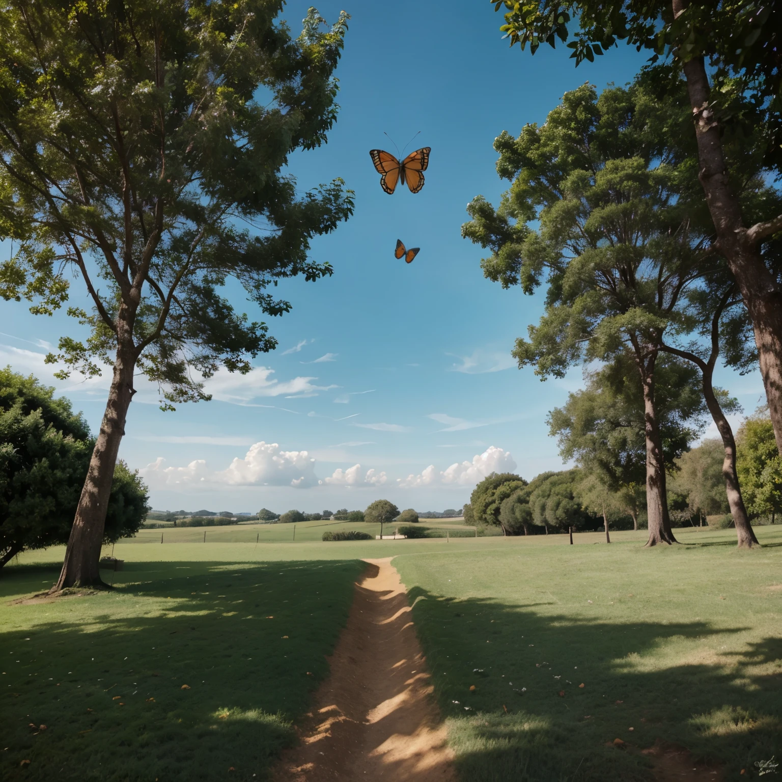 Imagem de um campo vasto e cinzento com um raio de luz entrando em meio as nuvens, a butterfly flying and a tree believing