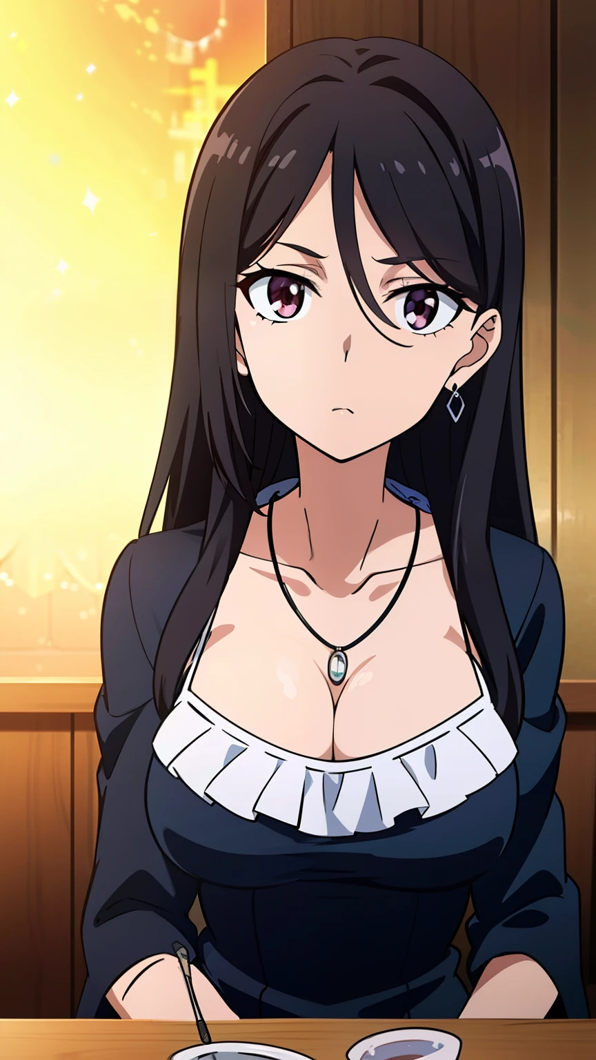 highest quality, 8K resolution, anime screen capture, anime color, anime key visual, one girl, cute, long black hair, 18 years old, big breasts, (collarbone, necklace, earrings, party dress, frills, earrings, makeup, party hall:1.2), perfect anatomy, beautifully intricate face, intricately detailed eyes, beautiful fine hair, beautifully intricate body, beautiful contour, vivid colors, vibrant lighting