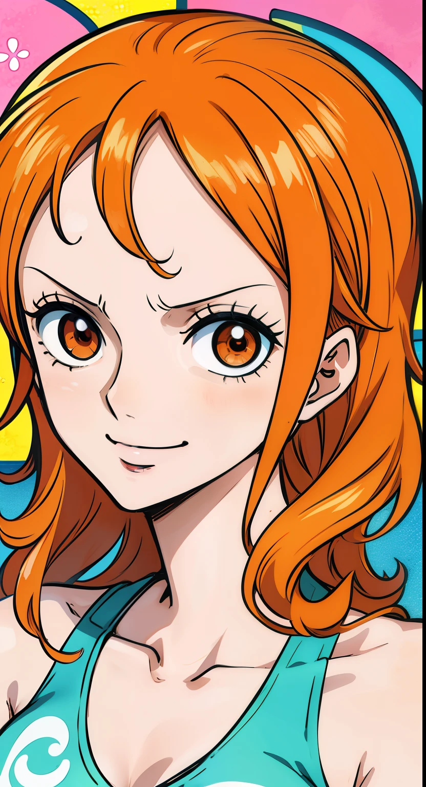 Create a realistic anime-style portrait of Nami from One Piece. Capture her signature look with orange hair, shirt, And the cheerful expression. Make sure the image reflects your adventurous and confident personality as shown in the anime.., all the body, Wide plane ,  Athletic winding body, island wallpaper,bra top, A pocket, Orange Eyes, Orange Eyes, Armpits