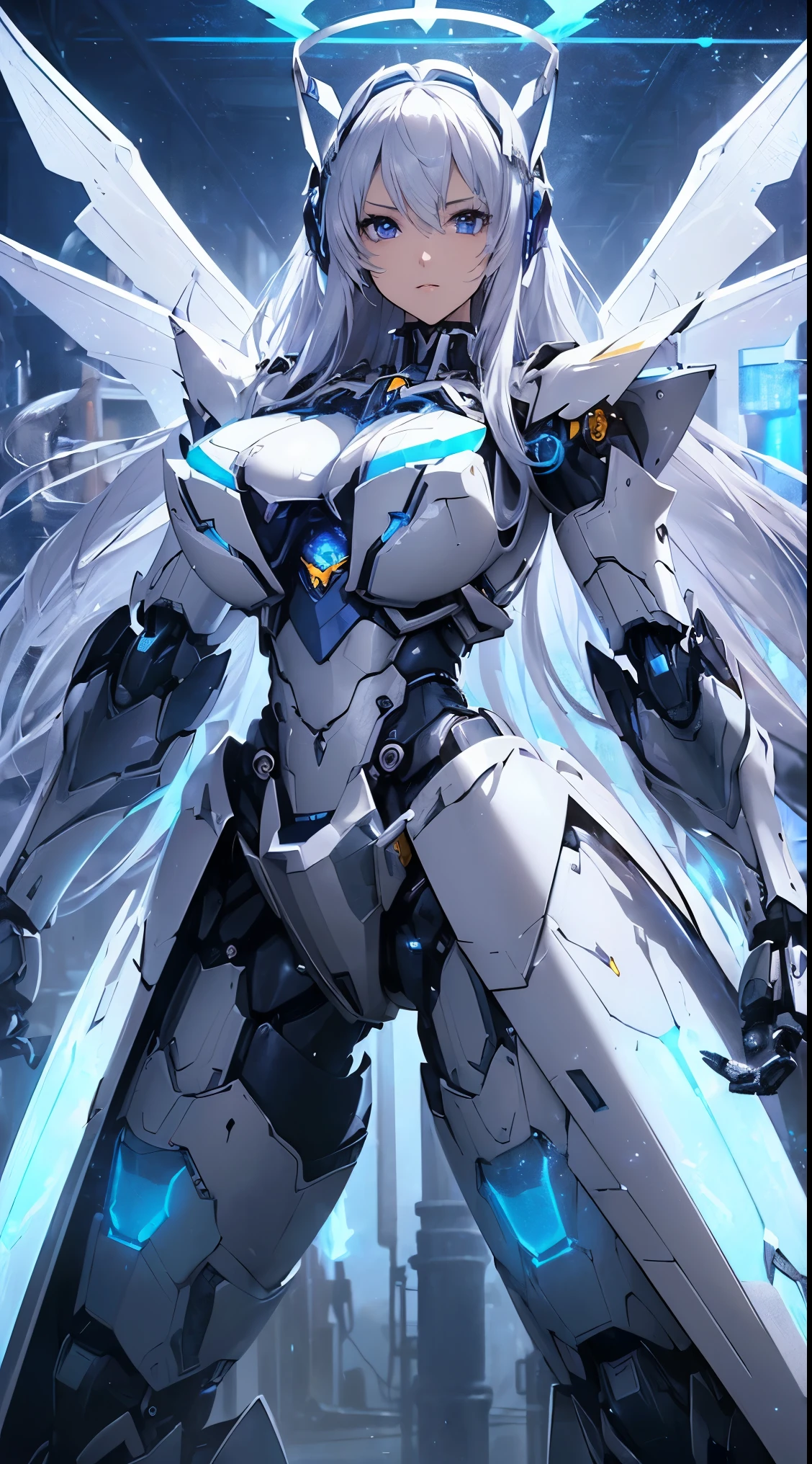 (((Shining lenses on both breasts:1.3)))、((Blue pillars of light are emanating from both chests.:1.3))、Break、(((Dynamic pose:1.8)))、smile、((8k)), ((32k)), ((highest quality)), ((masterpiece)), ((超A high resolution)), ((Tmasterpiece)), ((halo:1.4))、((Mechaニカルheadgear:1.2))、((Cyber Headphones:1.3))Fine skin, High quality fabric, Fine metal texture、((Beautiful and dense face))、RAW Photos、Professional, Ultra-fine painting, ((alone)), Beautiful breasts、highest quality, Very detailed, Very detailed詳細, Finer details, so beautiful, ((Princess Knight Robot:1.2)), (Joints of machines, Mechanical Limbs:1.3), (The internal structure of the machine is exposed:1.3), (Long silver hair:1.1), (Beautiful and huge mechanical breasts)、White Veil, cowboy_shot, Side Focus, headgear, Shiny、(Five Fingers, Four fingers and thumb),Concept Art, Anime fantasy artwork, Detailed fantasy art, (with pale blue-violet hair and large white wings,,,,,,,), (((Long silver hair))), (Mecha:1.6)、Sleek and intimidating design, ((Commander in Chief's Arms)), (Perfect robot body)、Pure white and blue-purple arms or, Symmetrical wings, 8k high quality detailed art, 3D rendering of character art in 8K, neat legs, Defined, Defined fingers,((headshot:1.3))
