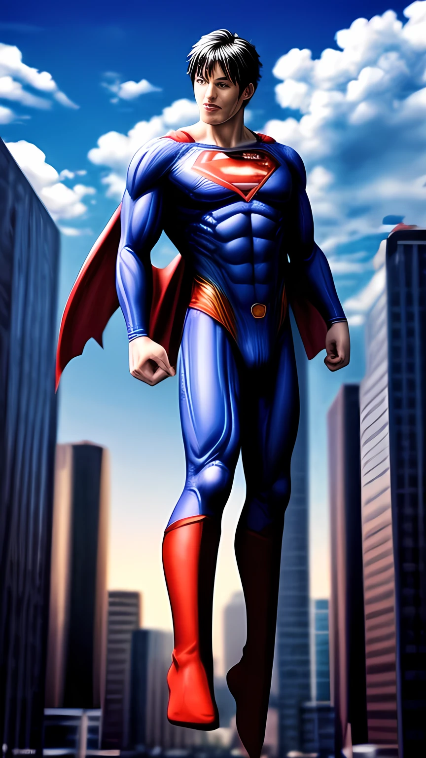 floating superman above buildings, full body shot, detailed foot, detailed head