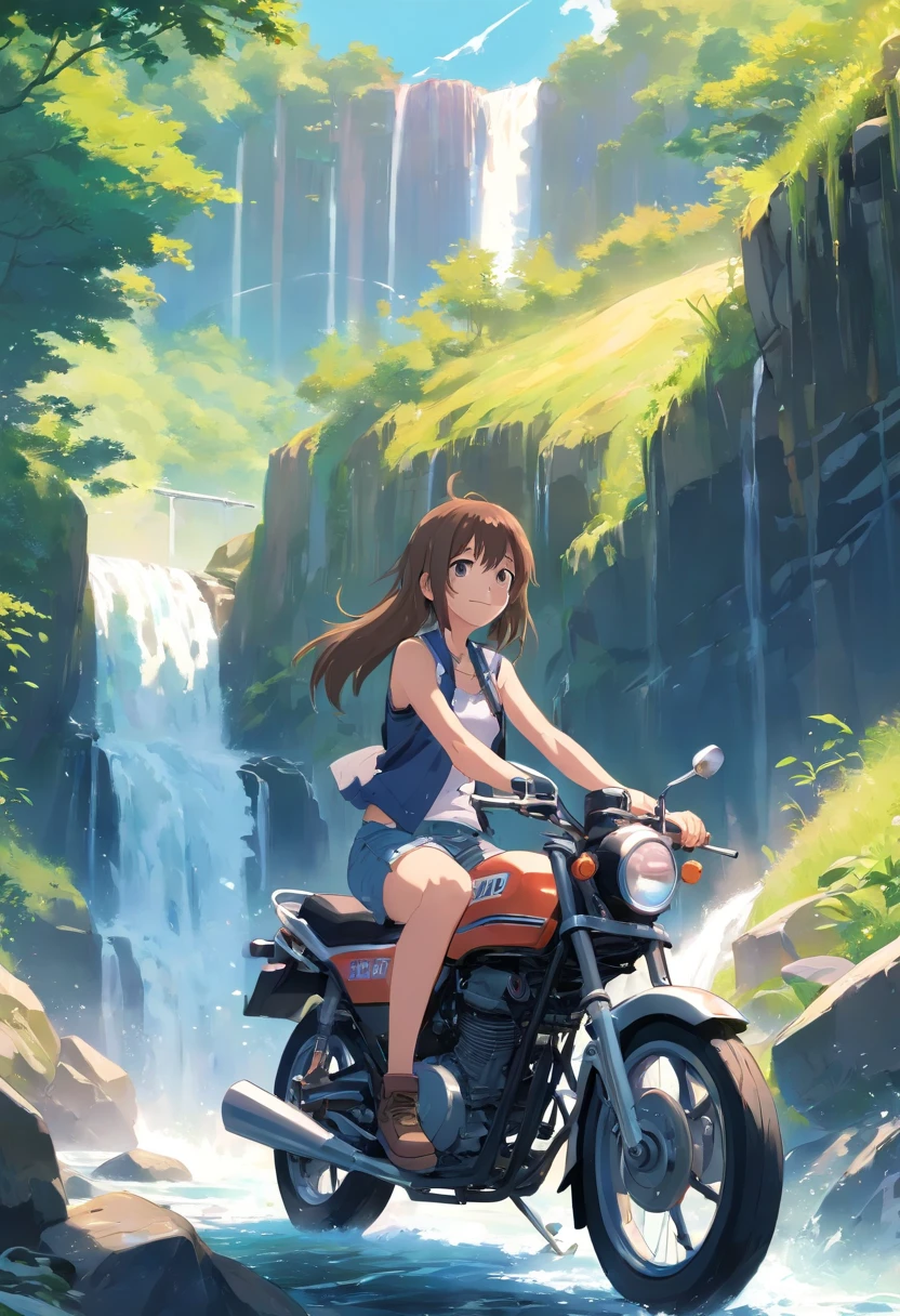 a cartoon girl with long anime hair is sitting on a motorcycle near a waterfall and is drawn well, 1girl, ground vehicle, motor vehicle, solo, motorcycle, shorts, long hair, looking at viewer, brown hair, ass, blue eyes, smile, short shorts, bare shoulders, sleeveless, sleeveless shirt, thighs, black shirt, shirt, bare arms, closed mouth, blush, bangs
