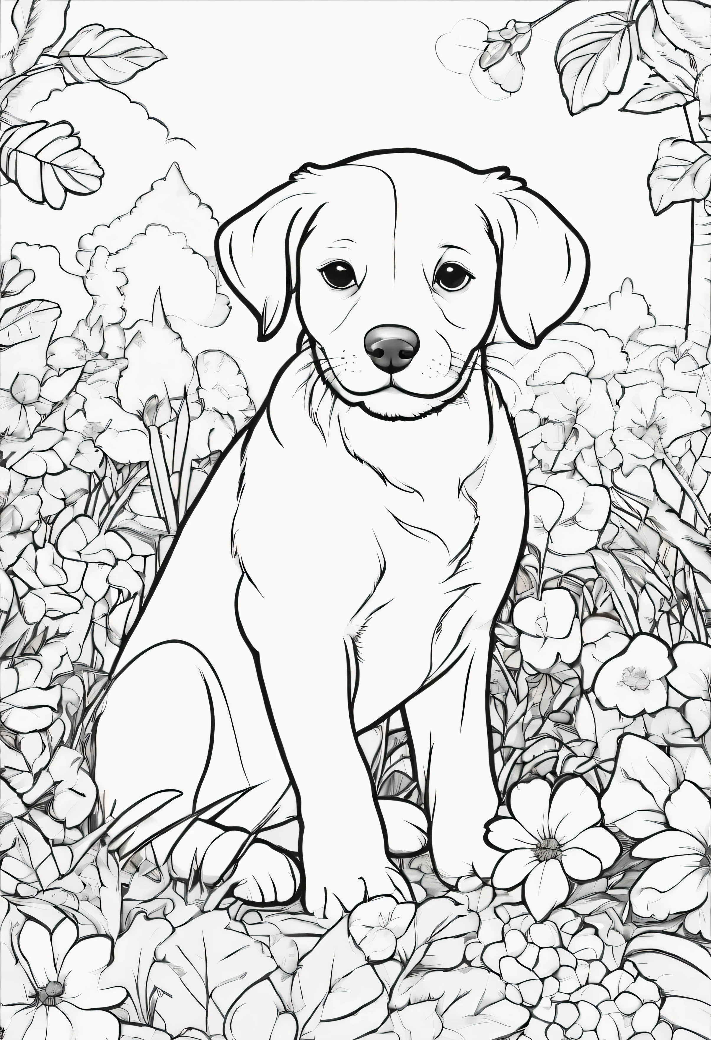 ???'s coloring book drawings, cute cartoon puppy with flower garden, White background, monochrome, Precise lines, best quality, Black and white color palette, line art, draw line, sketch
