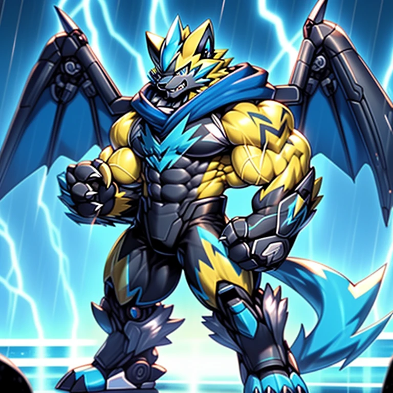 (Pokémon) Zeraora's giant robot. big muscle. GIANT. pecs, triceps, traps, waist narrow. body full of huge muscles.
He wears a black cloak on his back. The cloak is so long that it touches the ground, The claws are sharp, Sharp teeth, Protecting Zeraora's design and color scheme. Wearing cyberpunk mecha, Its full plate armor emphasizes the muscles. He wears the same armor as himself from head to foot. unusually developed muscular body, (Pokémon) A Zeraora at the bodybuilding competition, massive, huge muscular bodybuilder with extraordinary biceps, pecs, triceps, traps, gigachad, 300 lbs. bulge in the crotch, wears a small black string thong that reveals huge, muscular thighs. (metallic color: jet black thong)