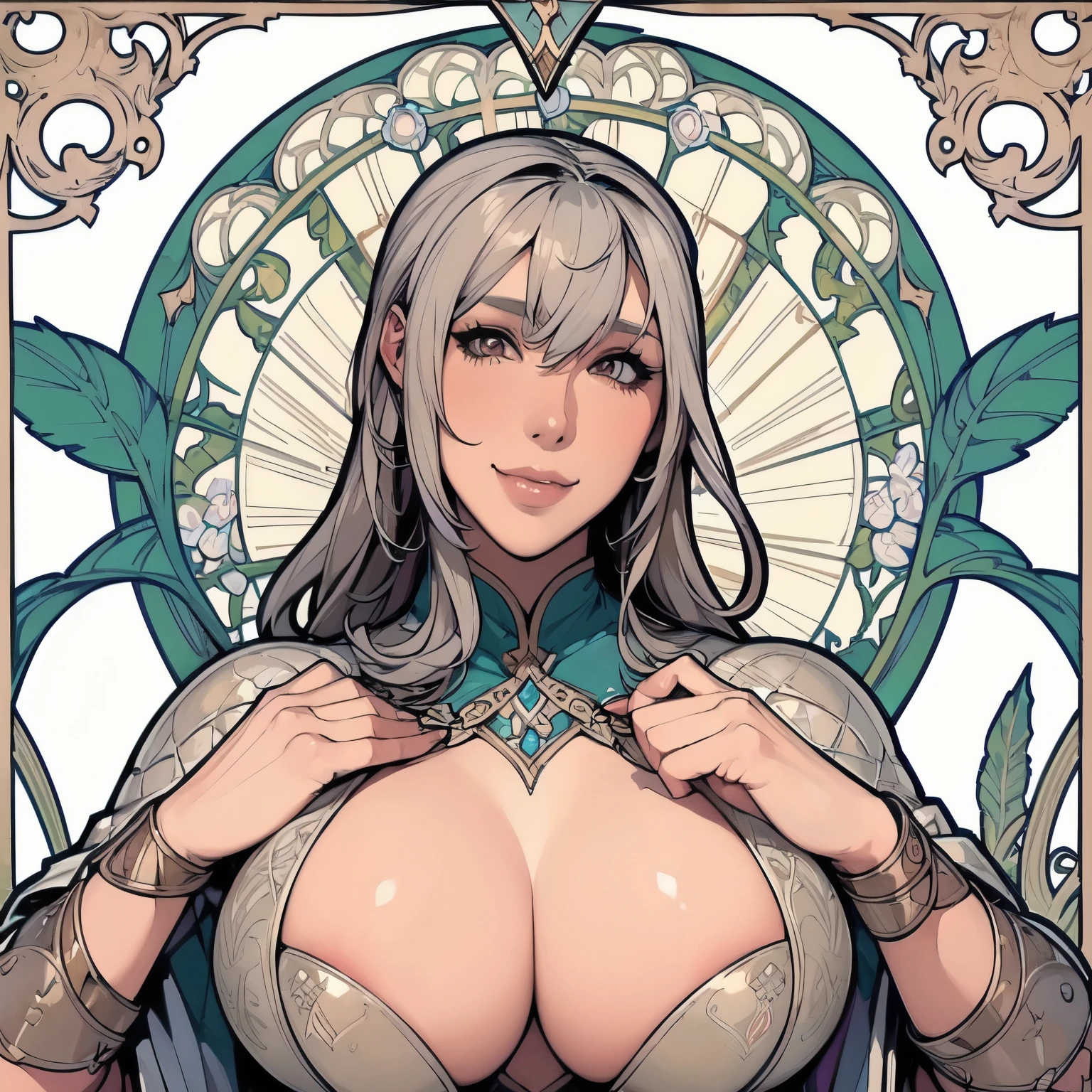 ((Mucha's style)),(vulgar),huge breasts, sexual excitement,  ((addiction to sex))((Medieval fantasy Female knight )),muscularity,Wearing heavy armour,head shot,smile that invites a man to join her,Mercenary,nipple covers,(upper body:1.5)
