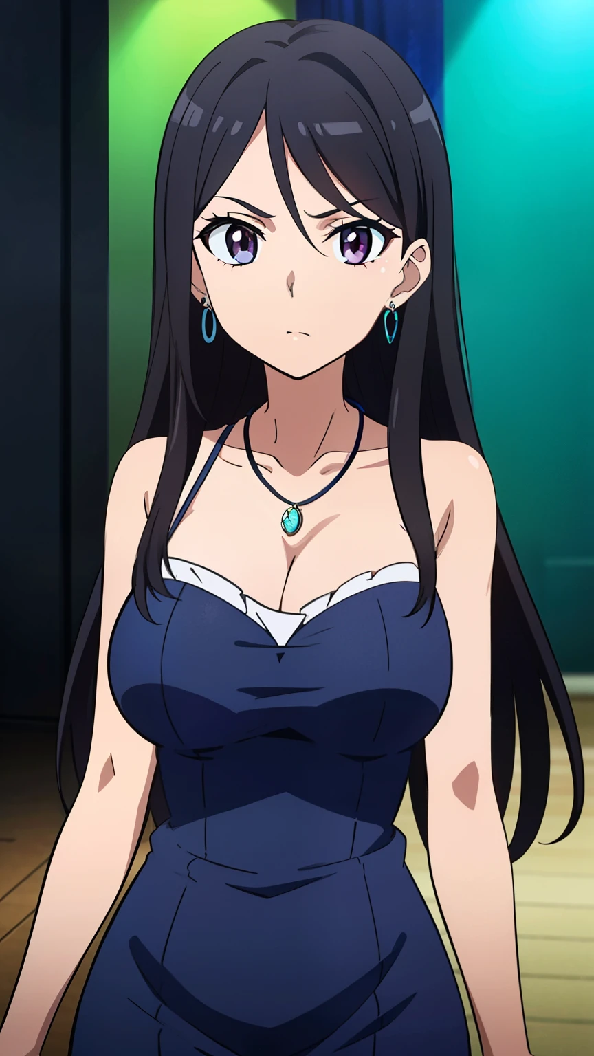 highest quality, 8K resolution, anime screen capture, anime color, anime key visual, one girl, cute, long black hair, 18 years old, big breasts, (collarbone, necklace, earrings, party dress, frills, earrings, makeup, party hall, cowboy shot:1.2), perfect anatomy, beautifully intricate face, intricately detailed eyes, beautiful fine hair, beautifully intricate body, beautiful contour, vivid colors, vibrant lighting