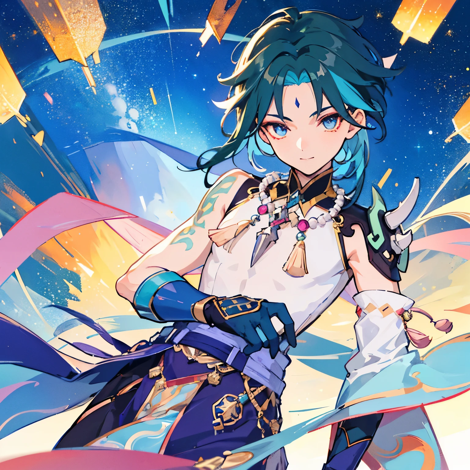 Character of Genshin Impact, Arlechino (1.1 close-up):
With a charming smile that lights up his enchanting face, Arlechino, the Personagem de Genshin Impact, captivates the audience with the highest details and professional rendering.His intricate, blue-hued Harlequin mask adorns his expressive face, framing his vibrant eyes and detailed features. Above him, the night sky unfolds with Insanely detailed scenes as stars twinkle and meteors streak past (meteor shower: 1.2) in a breathtaking meteor shower. Behind him, the HDR effect creates a masterpiece-quality back