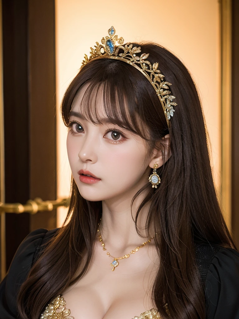 Princess , In the castle , Detailed figures , high quality, Super quality, Delicate face, Beautiful woman , Golden Eyes, Long hair , Big Breasts , Gorgeous dress, Headdress, necklace , earrings , sharp eyebrows , (Brown hair:1.4), arching back, Rear view , looking at camera