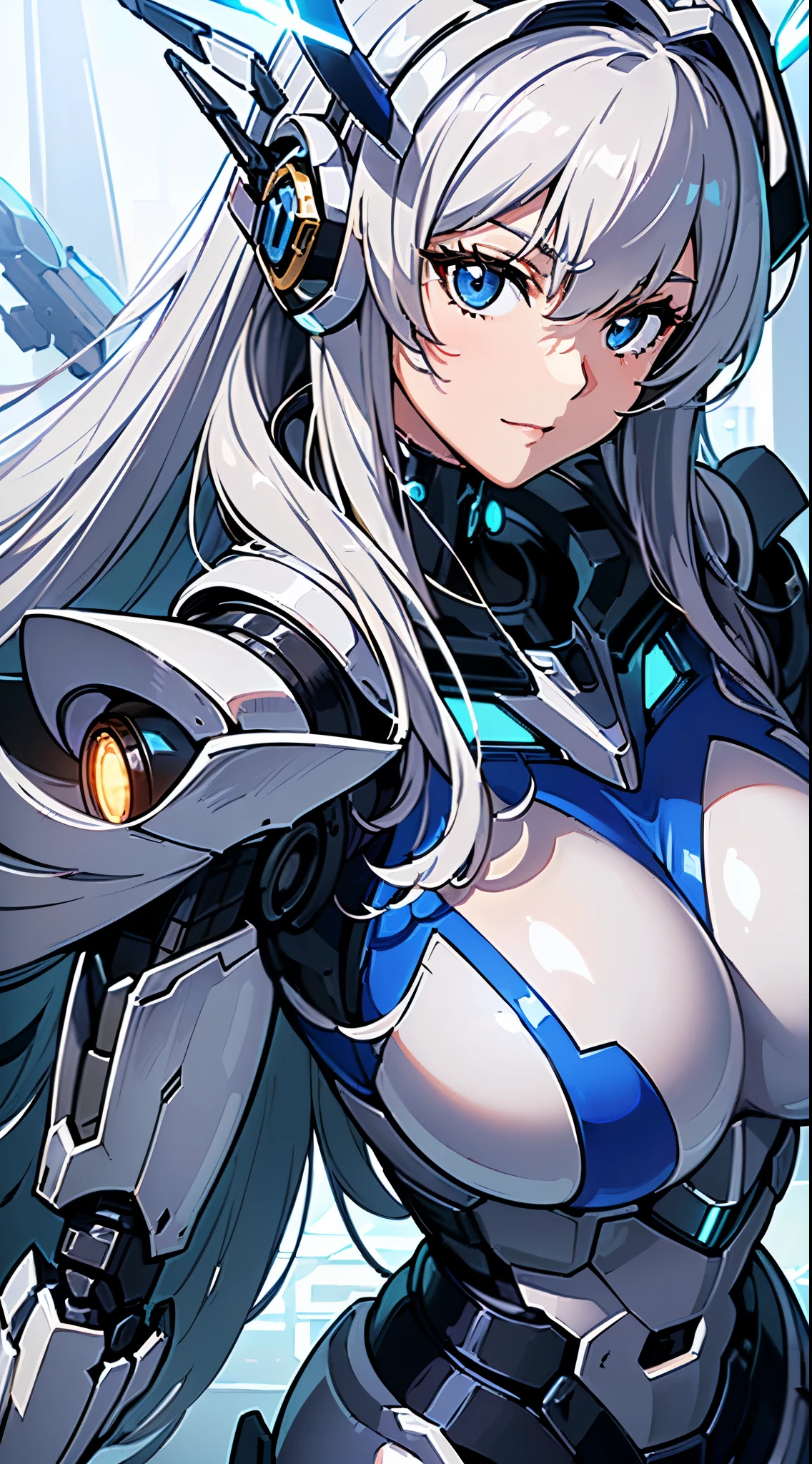 ((extreme close up:1.6))、(((Shining lenses on both breasts:1.3)))、((Blue pillars of light are emanating from both chests.:1.3))、Break、(((Dynamic pose:1.8)))、smile、((8k)), ((32k)), ((highest quality)), ((masterpiece)), ((超A high resolution)), ((Tmasterpiece)), ((halo:1.4))、((Mechaニカルheadgear:1.2))、((Cyber Headphones:1.3))Fine skin, High quality fabric, Fine metal texture、((Beautiful and dense face))、RAW Photos、Professional, Ultra-fine painting, ((alone)), Beautiful breasts、highest quality, Very detailed, Very detailed詳細, Finer details, so beautiful, ((Princess Knight Robot:1.2)), (Joints of machines, Mechanical Limbs:1.3), (The internal structure of the machine is exposed:1.3), (Long silver hair:1.1), (Beautiful and huge mechanical breasts)、White Veil, cowboy_shot, Side Focus, headgear, Shiny、(Five Fingers, Four fingers and thumb),Concept Art, Anime fantasy artwork, Detailed fantasy art, (with pale blue-violet hair and large white wings,,,,,,,), (((Long silver hair))), (Mecha:1.6)、Sleek and intimidating design, ((Commander in Chief's Arms)), (Perfect robot body)、Pure white and blue-purple arms or, Symmetrical wings, 8k high quality detailed art, 3D rendering of character art in 8K, neat legs, Defined, Defined fingers,((headshot:1.3))