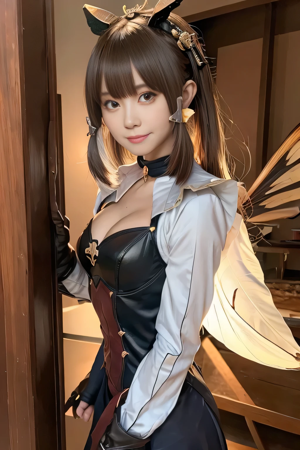 (high resolution,masterpiece,best quality,extremely detailed CG, anime, official art:1.4), realistic, photo, amazing fine details, all intricate, gloss and shiny,awesome many layers, 8k wall paper, 3d, sketch, kawaii, illustration,( solo:1.4), perfect female proportion,villainess, (fusion of dark brown cockroach and lady:1.4), (brown cockroach form lady:1.2), (brown cockroach lady:1.2), (fusion:1.2), (solo:1.4), (evil smile:1.2), muscular, abs, (cockroach brown exoskeleton bio insect suit:1.4), (cockroach brown exoskeleton bio insect armor:1.2), (brown transparency cockroach wing:1.4), (brown cockroach antennae:1.3),