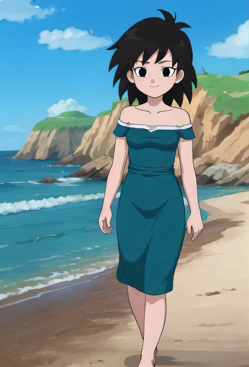 anime screencap, masterpiece, best quality, highres, outdoors, small breasts, gine, spiky black hair, 1 girl, Solo, Black Eyes, Good hands are down, Smile, Blushing, Bare Neck, Bare Shoulders, strapless, White Ruffle Off-the-Shoulder maxi dress. Cowboy shot. A landscape of the beach, sea, blue skies, sand beach. In the center. Walking on the beach with bare feets. Far from the bottom, looking at viewers