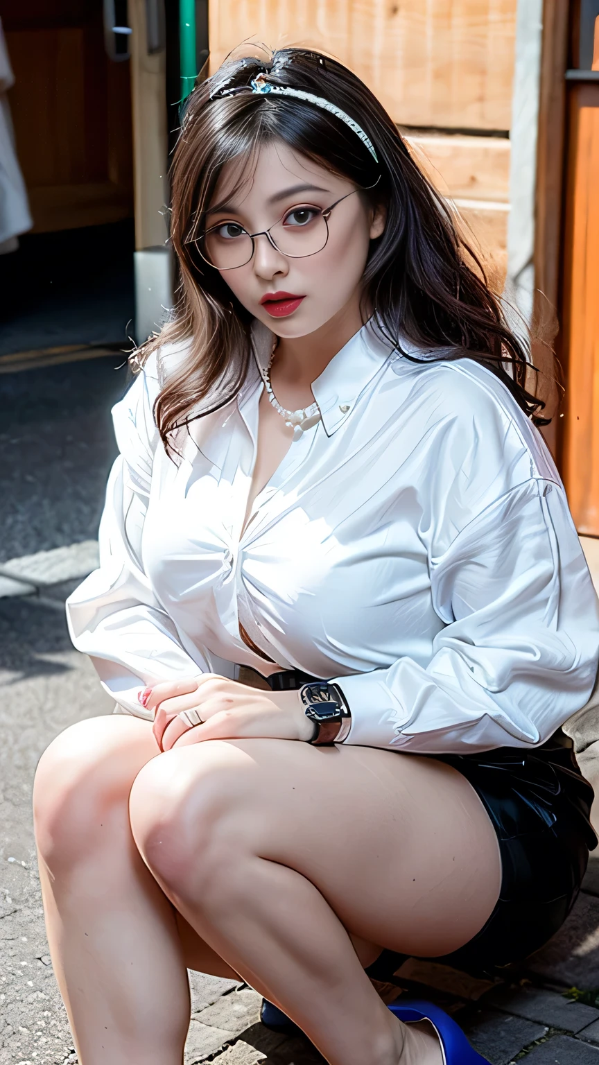 (Highest image quality:1.35), high quality, (8k:1.3), Realistic photos, (A beautiful woman:1.33), (Muscular body:1.2),(Depth of field/1.8), (looking at camera:1.35), Clear focus, (Muscular thighs:1.4), Original Photography, (Stroboscopic photography:1.5), Super Detail, High Detail, high quality, high resolution, (From head to knees:1.4), Masterpiece of art, exquisite work, high quality, and realistic details. In the center of the scene is a lady with wavy hair, a headband, square-framed glasses, filled eyebrows, blush, eyeshadow, heavy makeup, and red lips. She is dressed in a business suit with a thousand bird pattern, a white silk shirt, and wears black pleated shorts, tight stockings, black silky tights, and high heels. Her skin is fair and delicate, she sports a Rolex watch, pearl necklace, hand chain, and wedding ring. With her voluptuous thighs and slender body,spread legs.big breasts。sitting on the middle street