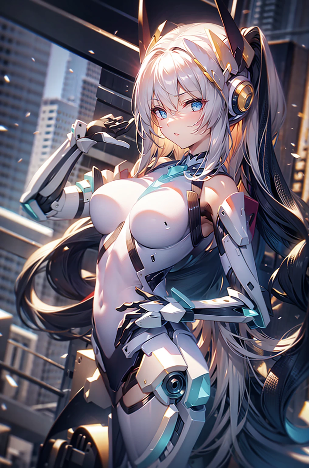 masterpiece,  (best quality), (Super detailed), (future technology:1.2),  Female robot, Mechanical armored body，Mechanical female warrior，Mechanical armor equipment for the whole body(mechanical style，silver，gold，black，Expose part of the chest)，Dynamic poses, Dynamic angle, beautiful breasts，The face is rain wave_haneame，Technology head decoration，Half-kicked posture,Facial expression looking straight ahead，Exquisite expression(nature)