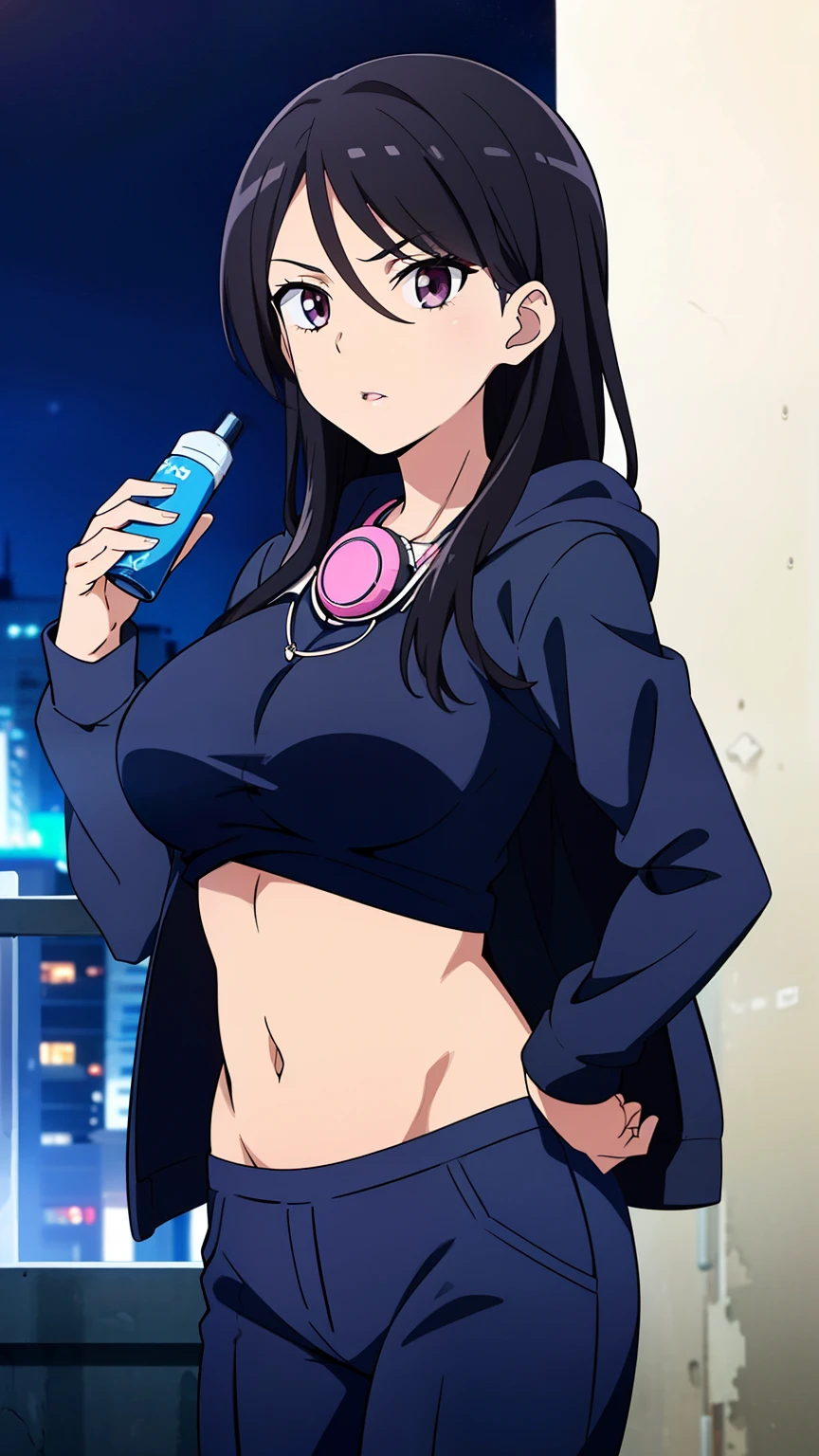 highest quality, 8K resolution, anime screen capture, anime color, anime key visual, one girl, cute, long black hair, 18 years old, big breasts, (hip hop dancer style, cap, headphones around the neck, trousers, hooded sweatshirt, colorful shirt, navel, natural lip,city,night,:1.2), perfect anatomy, beautifully intricate face, intricately detailed eyes, beautiful fine hair, beautifully intricate body, beautiful contour, vivid colors, vibrant lighting