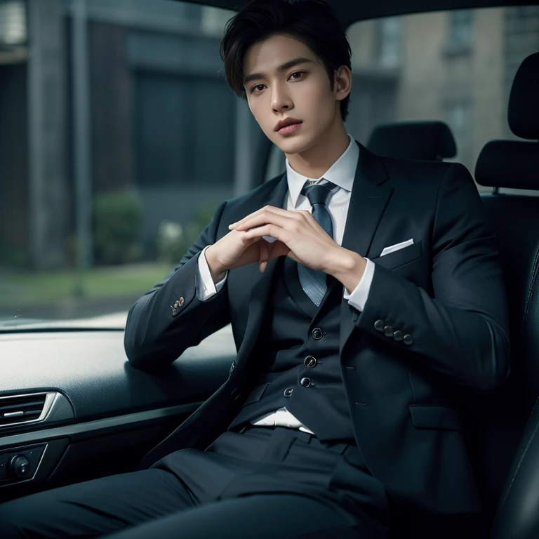 masterpiece,highest quality,Attention to detail,1 male,good looking,Sturdy yet sophisticated look,Fair skin with the charm of the boy next door,Exact details,blazer,Slim fit trousers,tie,Finely drawn backgrounds,Depth of written boundary,Visual Effects,Cinematic shots,Inside the car