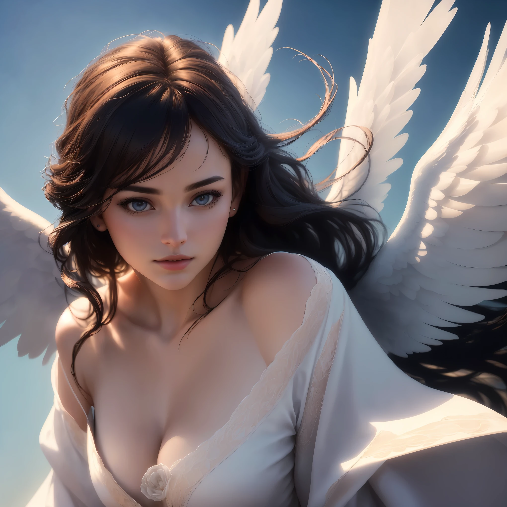 Angel floating with outstretched wings, wearing a long robe, holding a halo, set against a backdrop of blue sky and white clouds, radiating a sense of divinity and purity. Light and shadows intertwine to create a dreamy atmosphere.((best quality,4k,8k,highres,masterpiece:1.2),ultra-detailed,(realistic,photorealistic,photo-realistic:1.37),HDR,UHD,studio lighting,ultra-fine painting,sharp focus,physically-based rendering,extreme detail description,professional,vivid colors,bokeh),portraits,colorful tones,stunning light effects