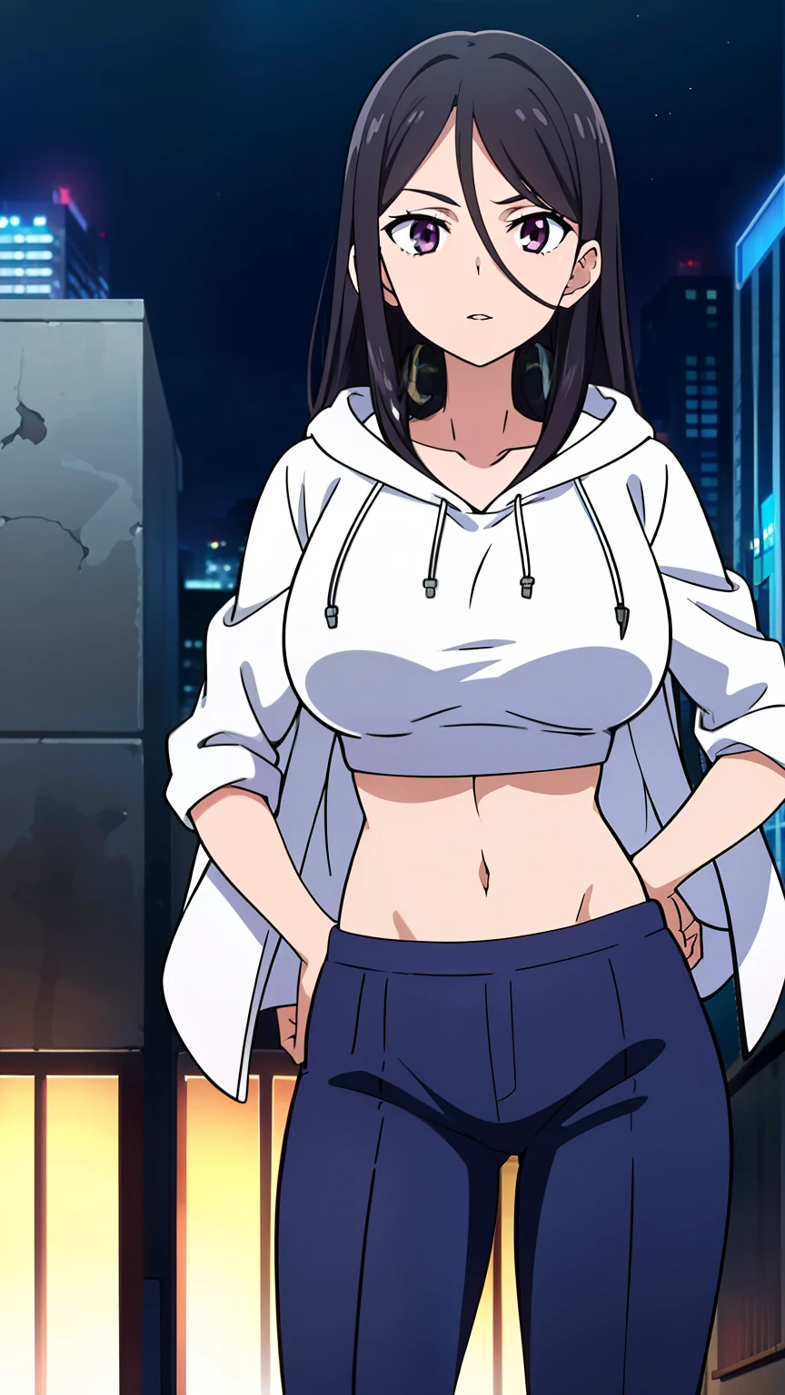 highest quality, 8K resolution, anime screen capture, anime color, anime key visual, one girl, cute, long black hair, 18 years old, big breasts, (hip hop dancer style, cap, headphones around the neck, trousers, hooded sweatshirt, colorful shirt, navel, natural lip,city,night,:1.2), perfect anatomy, beautifully intricate face, intricately detailed eyes, beautiful fine hair, beautifully intricate body, beautiful contour, vivid colors, vibrant lighting