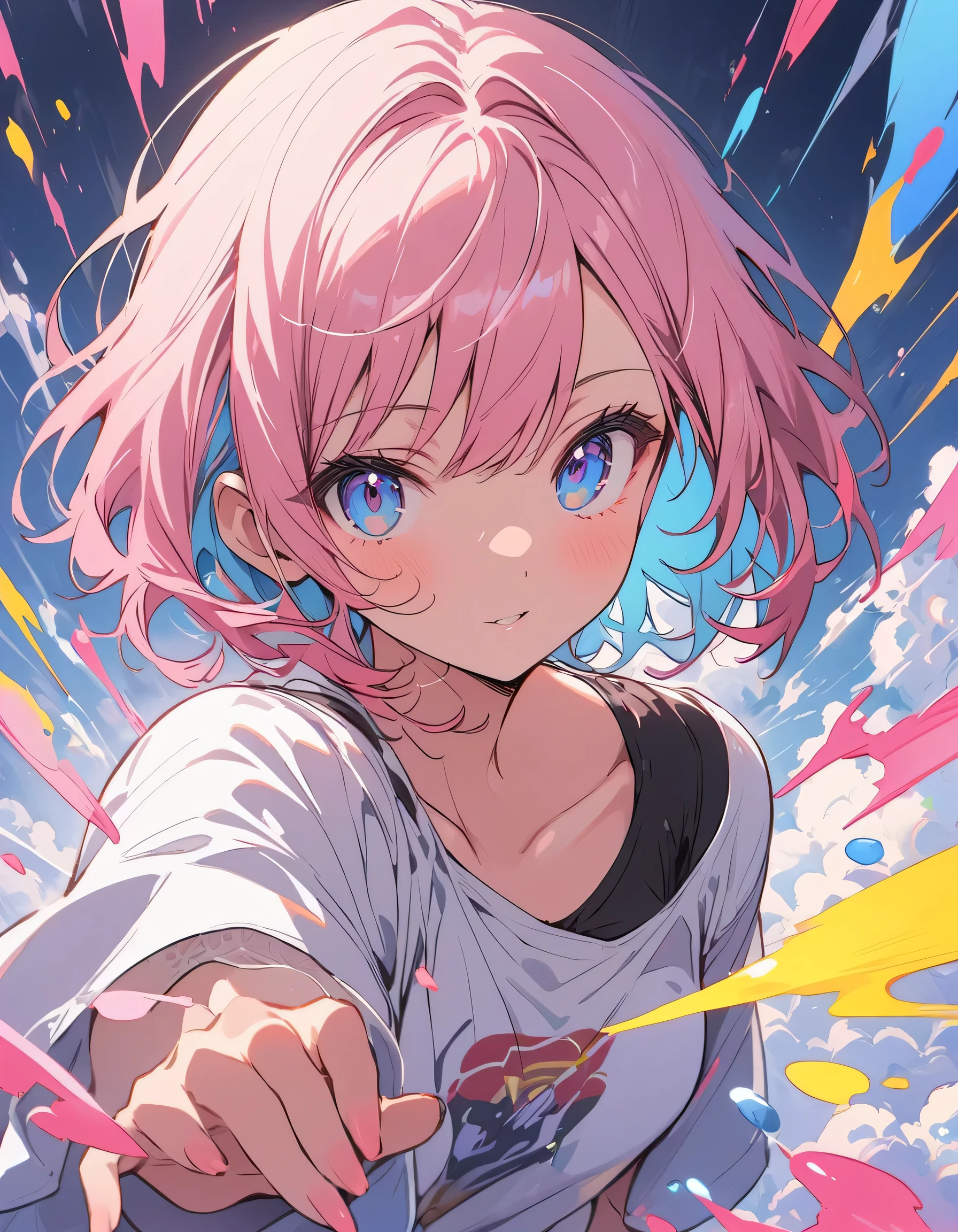 (highest quality、masterpiece、High resolution、detailed)、Anime Style、Flat Style、(Shine eyes、Beautiful Face), BREAK,1 girl、(Short Bob Hair、Dark pink hair、Light blue inner color:1.6、mesh:1.2)、Casual Coordination、floating, (High saturation), (Colorful Splash), Colorful bubbles, (Shine), Focus on the face,extremely detailed、floating, (High saturation),(The Shining), Best lighting, Best Shadow、Peck finger, ((masterpiece)), highest quality, One girl, eye shadow, Full Body,Dynamic Angle、 Portraiture,