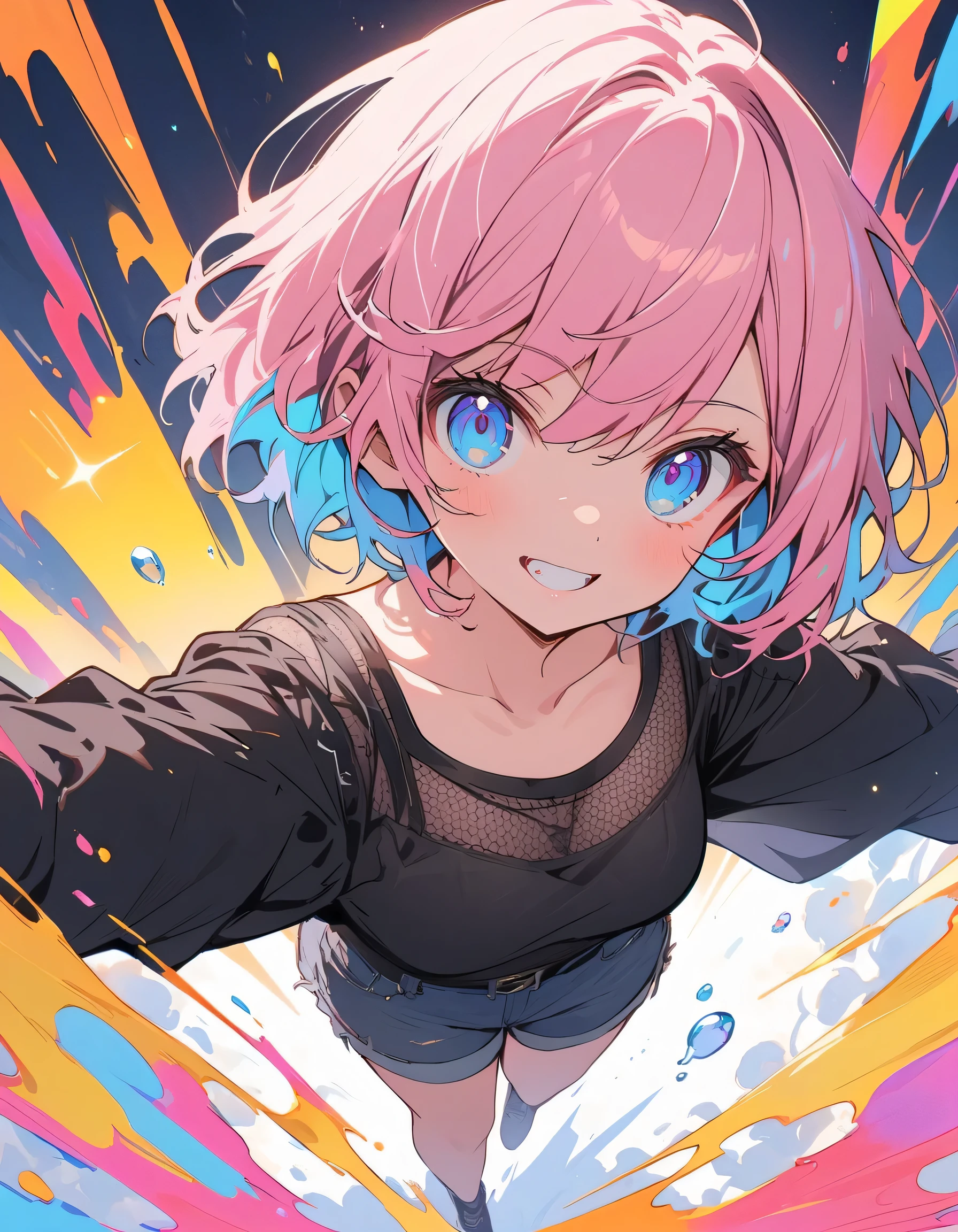 (highest quality、masterpiece、High resolution、detailed)、Anime Style、Flat Style、(Shine eyes、Beautiful Face),  BREAK,1 girl、(Short Bob Hair、Dark pink hair、Light blue inner color:1.6、mesh:1.2)、Casual Coordination、floating, (High saturation), (Colorful Splash), Colorful bubbles, (Shine), Focus on the face,extremely detailed、floating, (High saturation),(The Shining), Best lighting, Best Shadow、Peck finger, ((masterpiece)), highest quality, One girl, eye shadow, Full Body,Dynamic Angle、 Portraiture, 