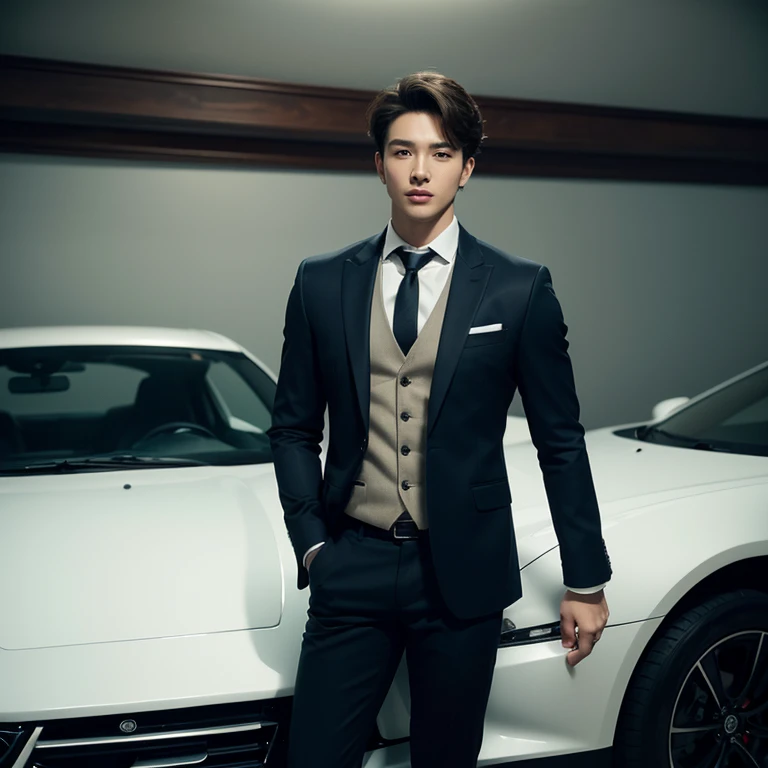 masterpiece,highest quality,Attention to detail,1 male,good looking,Sturdy yet sophisticated look,Fair skin with the charm of the boy next door,Exact details,blazer,Slim fit trousers,tie,Finely drawn backgrounds,Depth of written boundary,Visual Effects,Cinematic shots,Hold the wheel in the car