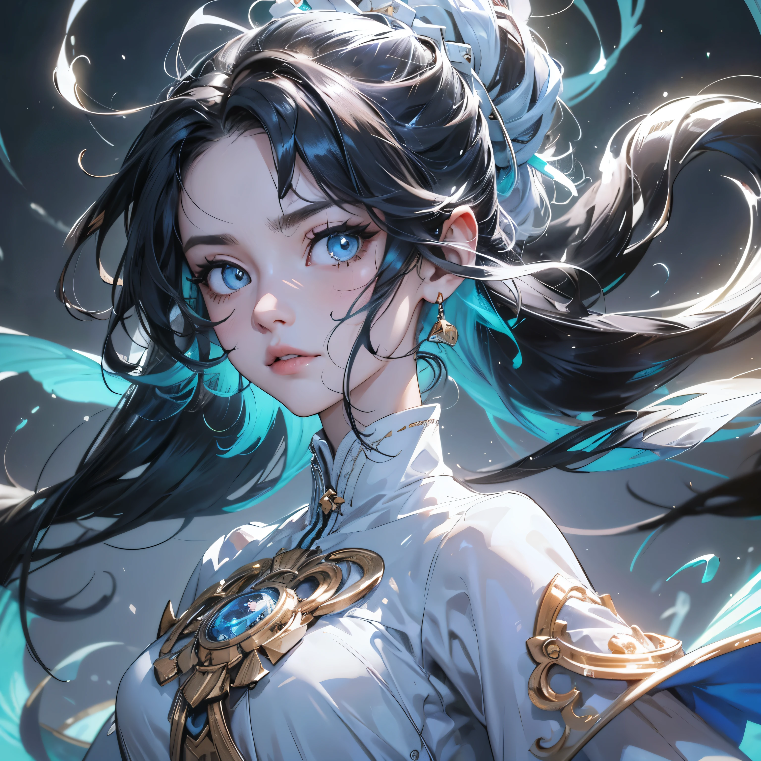 portrait,close up woman,（best qualtiy，tmasterpiece），1girl，nice poses，Particle，ventania，florals, simplebackground，milky ways，White-colored skin，Fairy style，black color hair，The upper part of the body，white clothes，Back sword
GravityPulseMaster wields the formidable power of Gravity Pulse. With a commanding posture, they extend their hand, sending out gravitational pulses that ripple through the environment, manipulating the movement and forces of nearby objects. Their mask carries a determined and focused expression, revealing the depths of their control over gravity. GravityPulseMaster is a captivating presence, commanding the forces that bind the universe, and they invite viewers to witness the awesome power of gravity's sway.(masterpiece), (best quality), (ultra detailed),(disheveled hair),(illustration), (1girl), (Fashionable clothing), standing, Fashion model, looking at viewer, (interview), (simple background),beautiful detailed eyes, delicate beautiful face, Floating,(high saturation),(colorful splashes),colorful bubble,(shining), focus on face,  ponytail, kamisato ayaka, light blue hair, bangs, hair ring, floating flowers, floating hairs, (shining), best lighting, best shadow,  