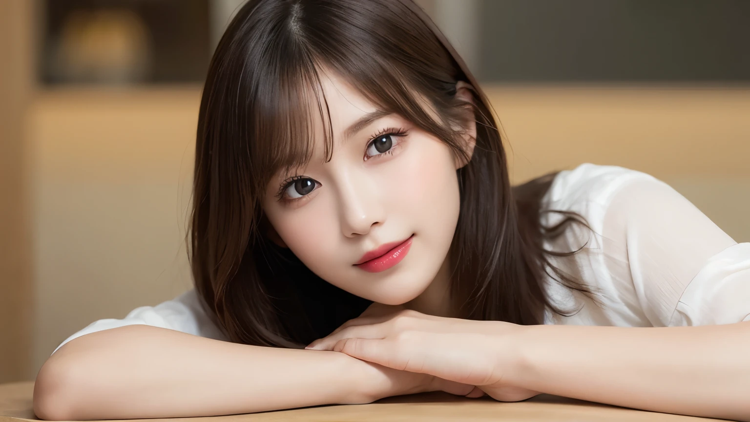 on the table, best quality, shape, Ultra Detailed, Finely, high resolution, 8k wallpaper, 完璧なダイナミックな構shape, Beautiful and delicate eyes, Medium Length Hair, Small Breasts, Natural lipstick, Casual sexy pose,Smile,20 year old girl、midnight、Beautiful and detailed face、Perfect beautiful face,big eyes、original photo、Use the whole body to express the feminine posture、Beautiful and delicate eyes、Small face、Beautiful duplex、Facelift and style,skirt、Beautiful golden ratio face,Long hair