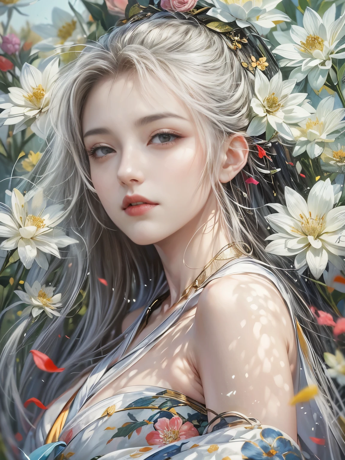 (8k, highest quality, masterpiece),(Realistic, RAW Photos, Super Fine Clear), Realistic Light, Detailed skin, (1 beautiful lady with a slim body, Age 25:1.5), Thin legs, fine grain, wavy Long white hair, Detailed fingers, thin, Sexual, Expressions of Ecstasy, (huge bouncing firm bust:1.4), (wearing Japanese traditional kimono:1.2),(The chest of kimono is widely open:1.3), (flower garden, Flower Storm:1.2)