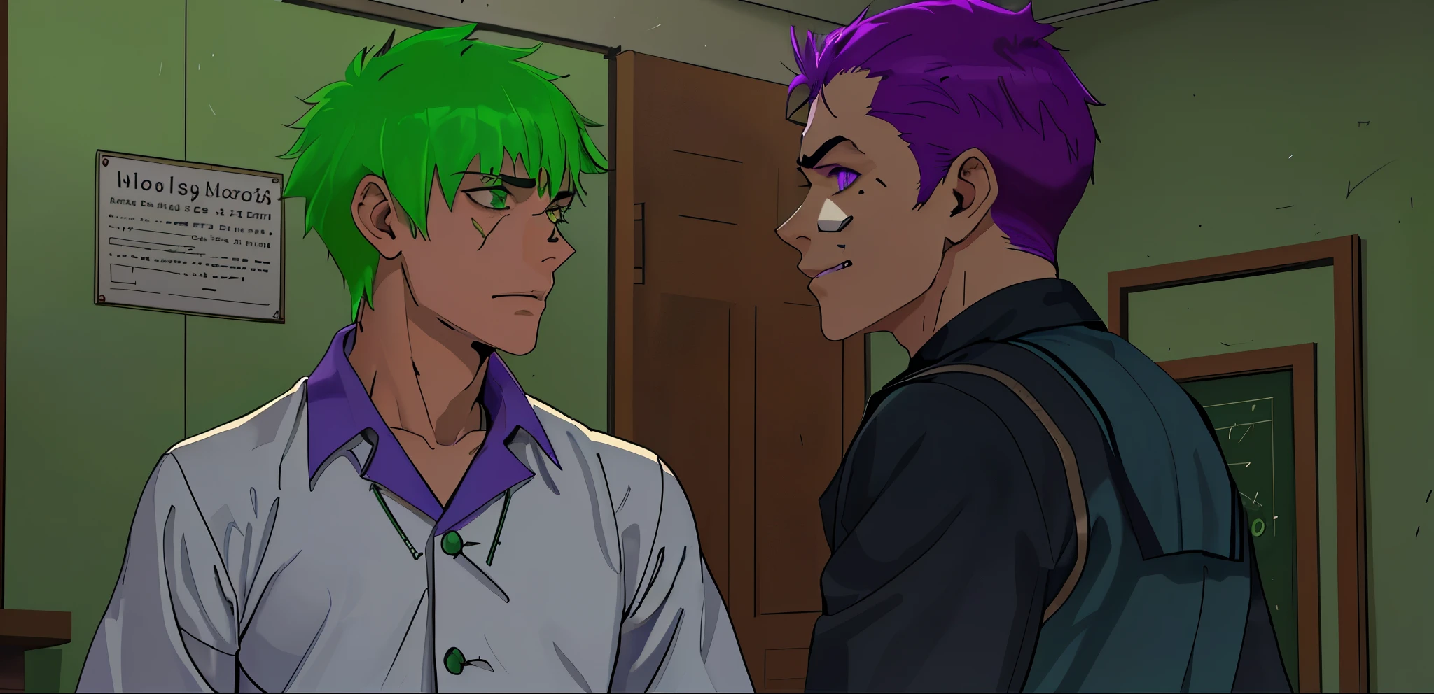 There is a 16-year-old boy with green hair, green eyes, a school boy who is scared and sad, and a man with short purple evil hair who threatens him, intimidates him, evil looks and smiles evilly, a 40-year-old school principal who threatens him, and intimidates him.