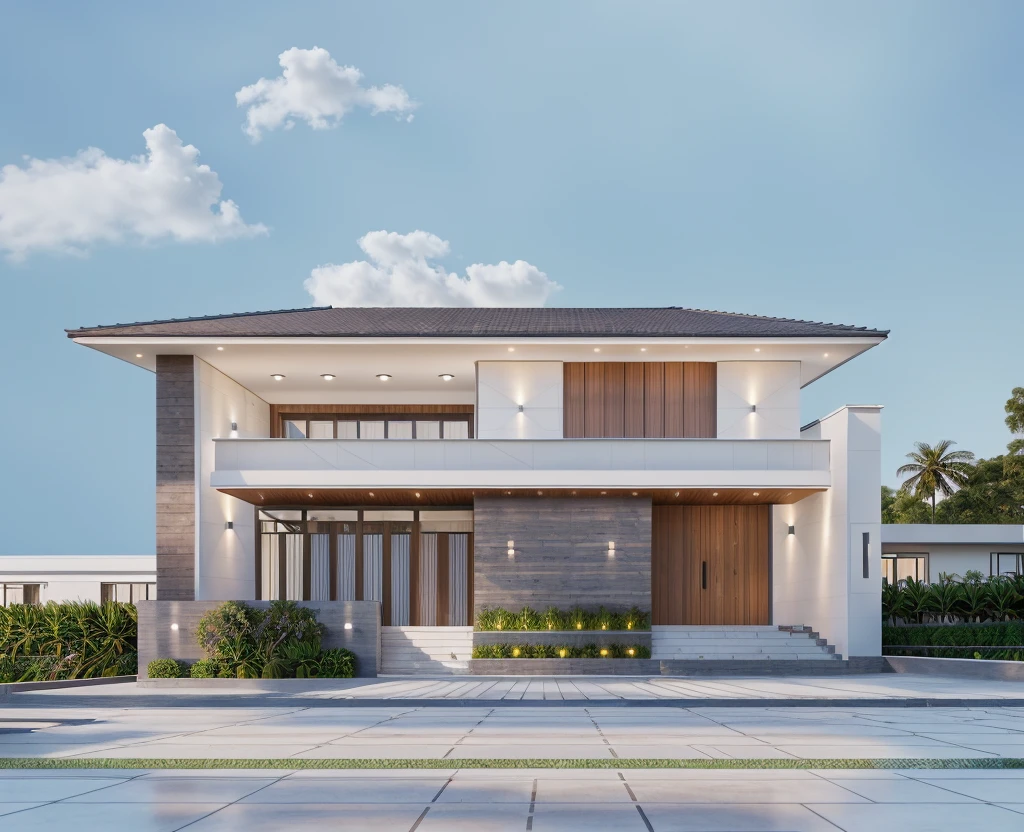 1 main wood door, slope roof, many glass door, concrete, wood wall,white, modern villa, palm, plant, beautiful sky, wood facade, architecture, beautiful, masterpiece, best quality, super detailed, realistic, photorealistic, 8k, sharp focus, droste effect photography, macro photography