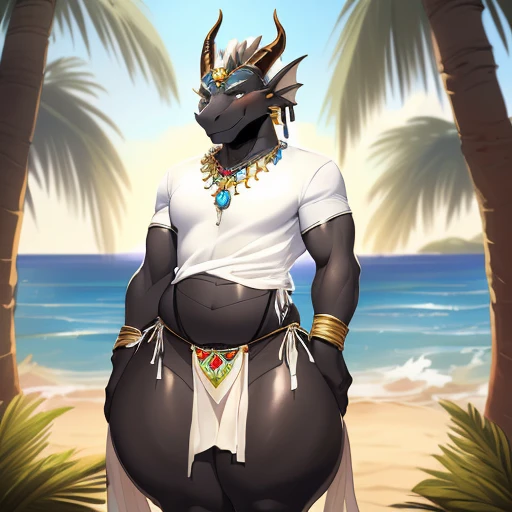 hi res,(((dragon))), (black body ), anthro, , , ((((long loincloth)))), ((((lingerie bikini, s\ex\y bikini, side-tie panties, tiny black thong)))), (((( male, , anthro, slim, skinny,)))), male, , anthro, , slim, Skinny, tail, adults, mature, (((male))), (((((((((solo))))))))) outside, plant, standing, sea, tree, (water), detailed background,by milkytiger1145,by takemoto arashi,by null-ghost, cold atmosphere, open smile, soft blush, , ((((((((wearing white tshirts)))))))), ((((((((( thighs, thick thighs, wide hips))))))))), (((((golden accessory, loincloth accessory, loincloth jewelry, jewels and ornaments for loincloth, s\ex\y loincloth, belly dancer outfit, long pelvic curtain, narrow loincloth)))))