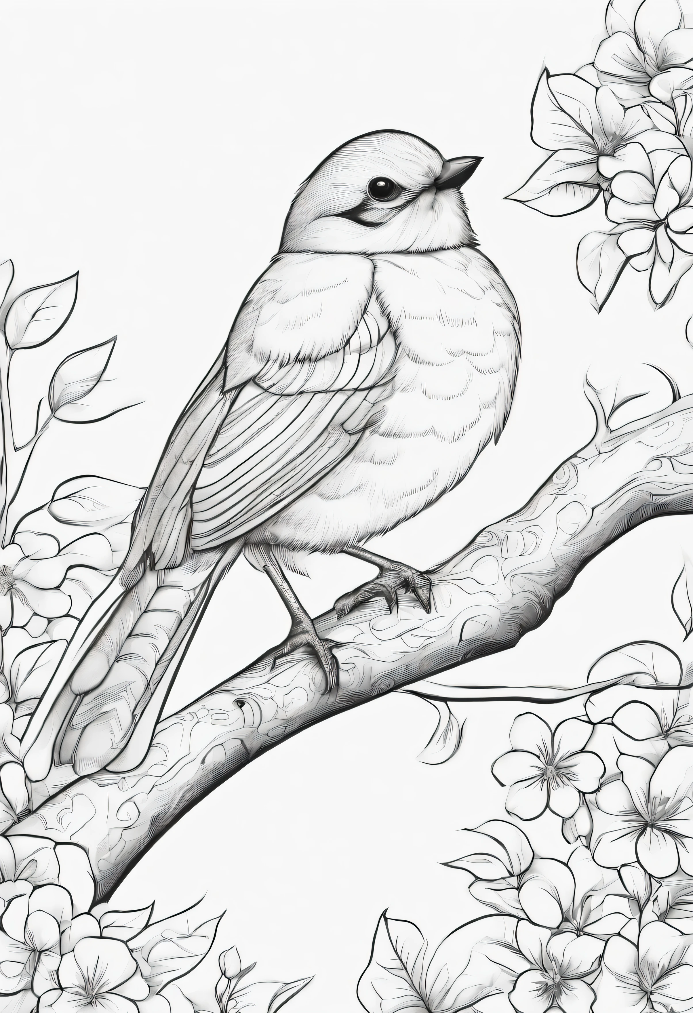 's coloring book drawings, cute cartoon bird, on tree branch, with flower garden, White background, monochrome, Precise lines, best quality, Black and white color palette, line art, draw line, sketch