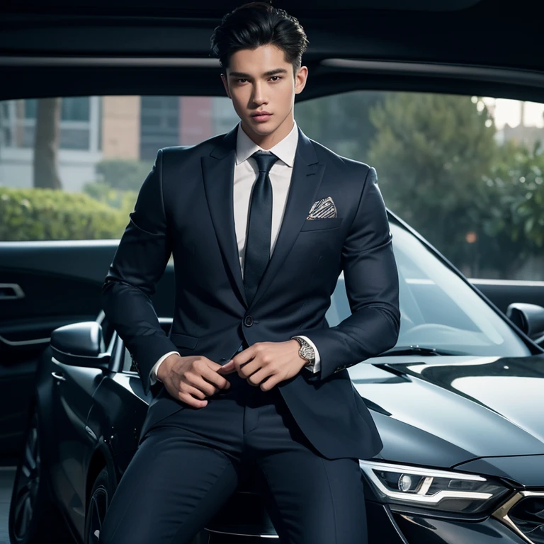 masterpiece,highest quality,Attention to detail,1 male,good looking,Sturdy yet sophisticated look,Fair skin with the charm of the boy next door,Exact details,blazer,Slim fit trousers,tie,Finely drawn backgrounds,Depth of written boundary,Visual Effects,Cinematic shots,Inside the car