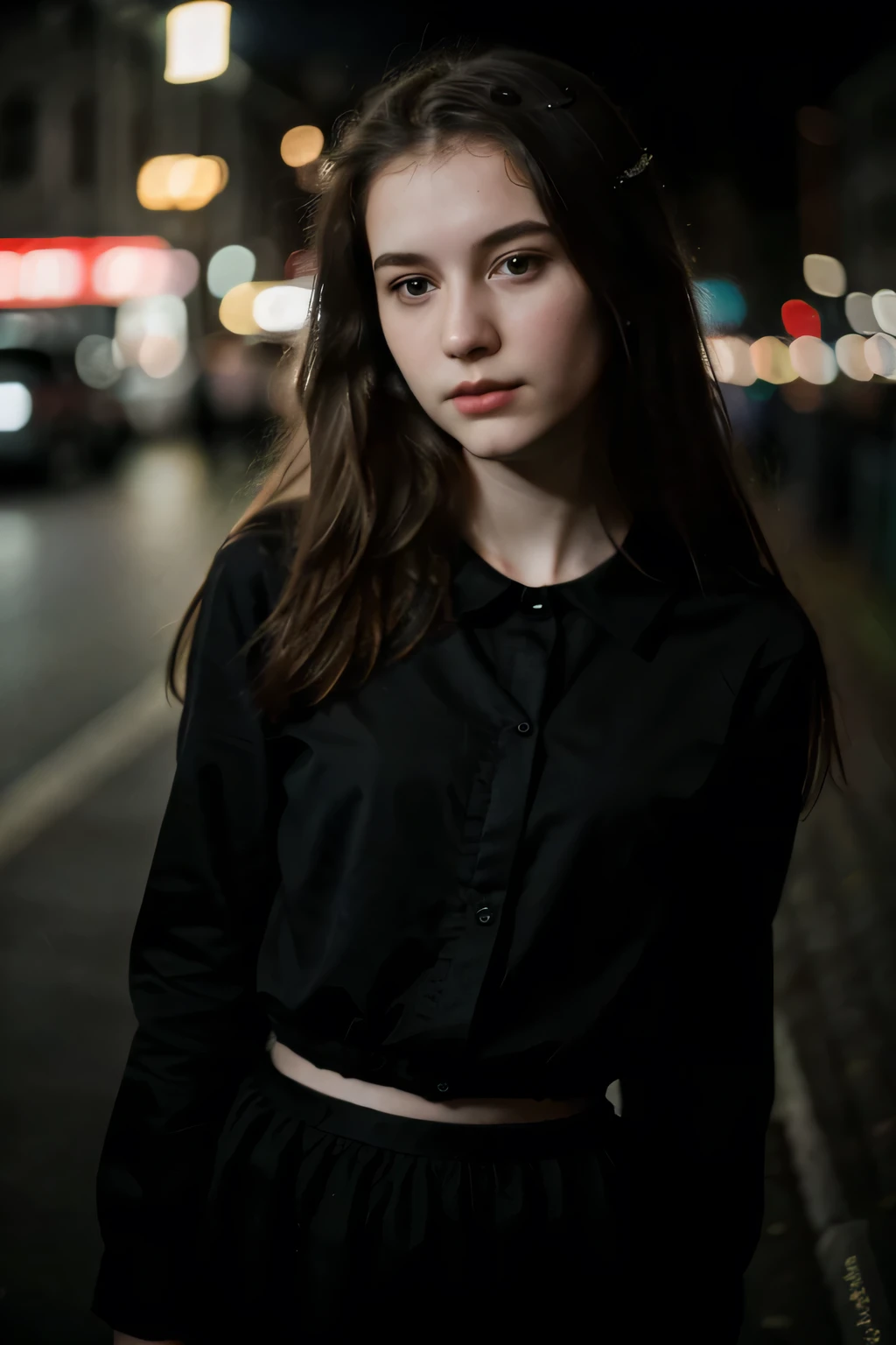 ((1 spanish girl)), (Laia Manzanares) (tween model, 19 years old, young)), cinematic photo cinematic film still sm4c3w3k, Bust medium size, full body photo of the most beautiful woman in the world wearing the sm4c3w3k, short blouse made of very thin fabric, miniskirt, black fabric, grey fabric,. shallow depth of field, vignette, highly detailed, with a battered, dirty and graffitied wall of a dangerous neighborhood street in NY city in the background, at night, high budget Hollywood movie, bokeh, cinemascope, moody, epic, gorgeous, film grain, grainy . 35mm photograph, film, bokeh, professional, 4k, highly detailed