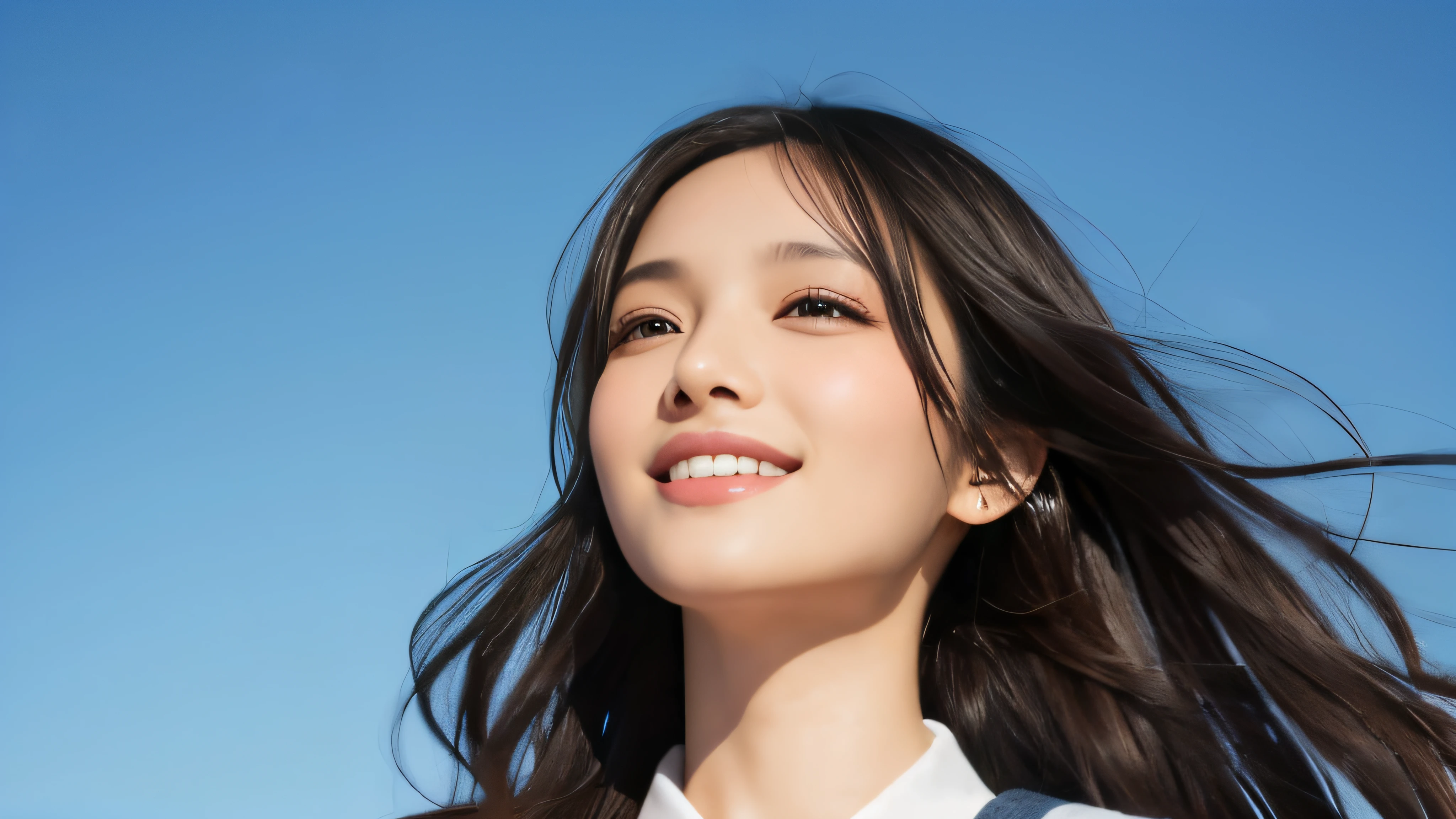 (Realistic: 1.4), (highest quality: 1.4), (Fine grain), Full body shot, ((Under the blue sky)), ((Looking up at the sky)), ((One young woman)), Black wavy hair, ((Recruitment suits)), Wide eyes, Blushed face, ((smile)), Highly detailed face and skin texture, Healthy Skin, 8k resolution