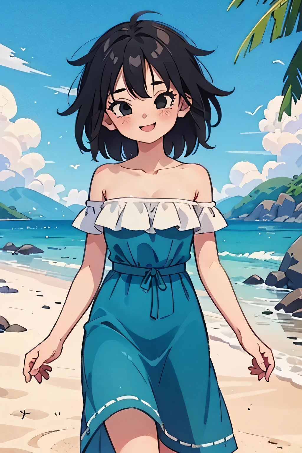 anime screencap, masterpiece, best quality, highres, outdoors, small breasts, gine, spiky black hair, 1 girl, Solo, Black Eyes, Good hands are down, Smile, Blushing, Bare Neck, Bare Shoulders, strapless, White Ruffle Off-the-Shoulder maxi dress. Cowboy shot. A landscape of the beach, sea, blue skies, sand beach. In the center. Walking on the beach with bare feets. Far from the bottom, looking at viewers