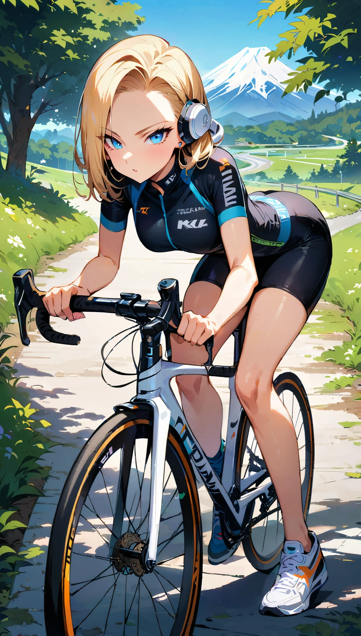 (masterpiece, best quality:1.2), frontal full body shot of Android 18 from Dragon Ball, sitting on the saddle with her buttocks on the bike seat, riding a white road bike with a striped aerodynamic frame and white thin tires on a paved road, slender feminine figure in cycling pose, torso leaning forward over the low handlebars grasping the handles, one leg extended, facing camera, narrow waistline, (white over-ear headphones must be worn), short blonde hair, blue eyes, earrings on earlobes, black cycling jersey, black cycling shorts hugging her toned thighs, white cycling shoes clipped into the white lightweight pedals, surrounded by lush green trees and foliage lining the paved road, sunlight filtering through leaves, with Mount Fuji visible in the distance, 4K