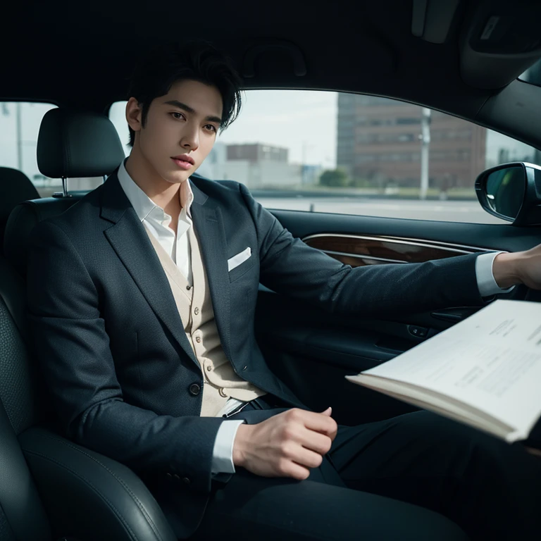 masterpiece,highest quality,Attention to detail,1 male,good looking,Sturdy yet sophisticated look,Fair skin with the charm of the boy next door,Exact details,blazer,Slim fit trousers,tie,Finely drawn backgrounds,Depth of written boundary,Visual Effects,Cinematic shots,Inside the car
