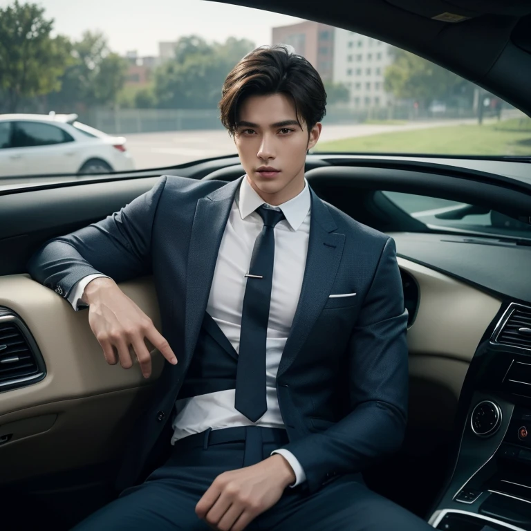 masterpiece,highest quality,Attention to detail,1 male,good looking,Sturdy yet sophisticated look,Fair skin with the charm of the boy next door,Exact details,blazer,Slim fit trousers,tie,Finely drawn backgrounds,Depth of written boundary,Visual Effects,Cinematic shots,Inside the car