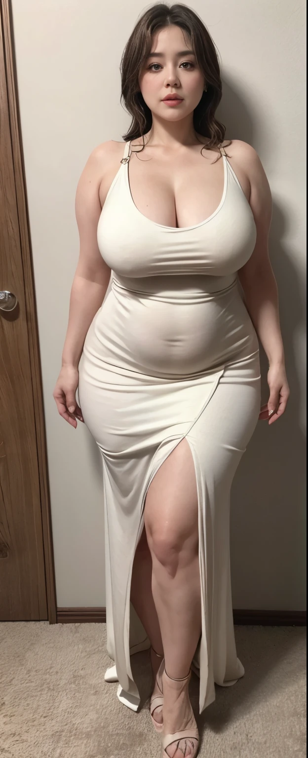 Chubby woman with fat belly and tight thighs, full body, 50-year-old mature woman, thick hips, thick neck, thick chest, big eyes, wearing a longest dress